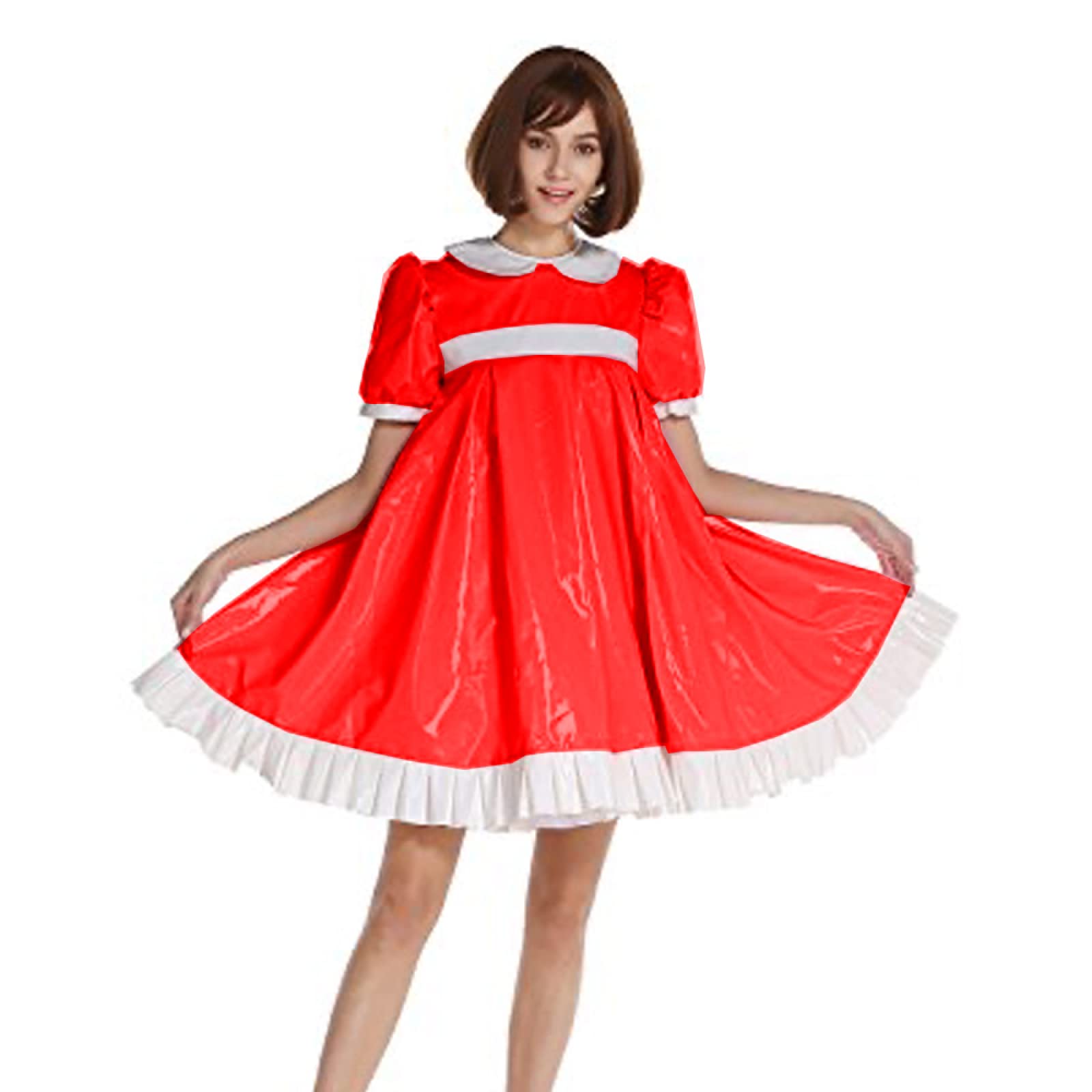 Elegant Lolita Style Short Sleeve Dress with Collar - Plus Size Gothic PVC Uniform Black Costume for Cosplay, Halloween Parties & Anime Conventions
