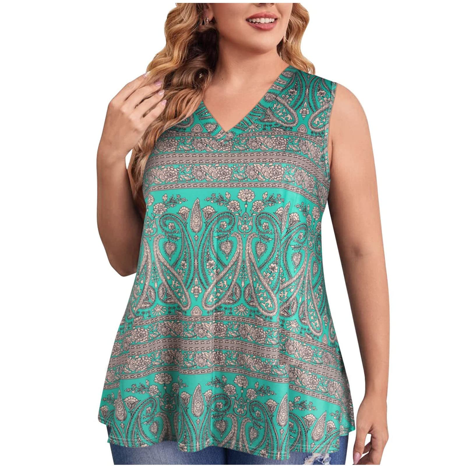 Plus Size Floral Tank Tops for Women - Summer Sleeveless V-Neck Blouse for Vacation & Beach