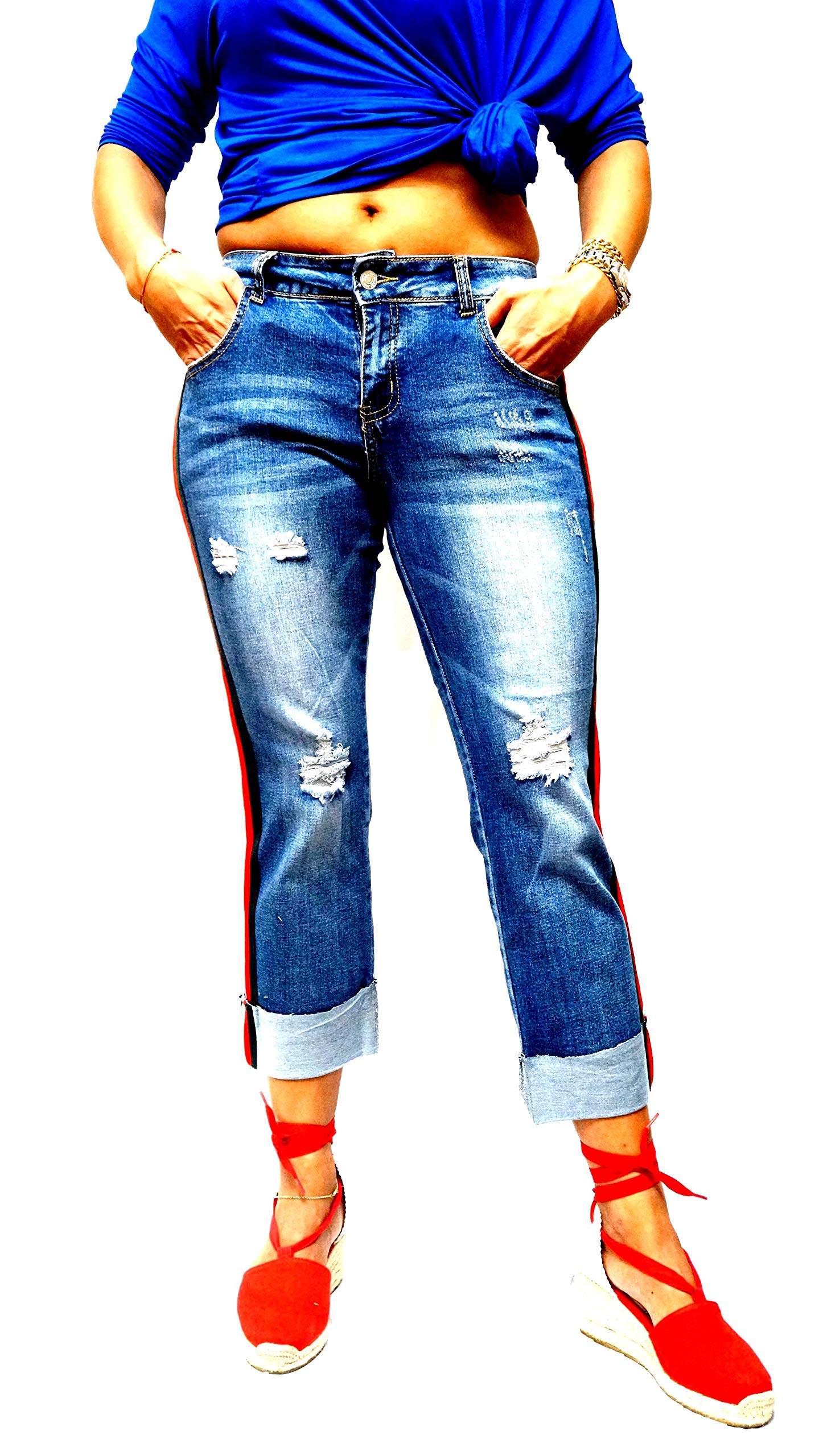 Trendy Women's Distressed Side Stripe Mom Jeans - High Waisted Stretch Denim Pants for Casual Wear, Street Style & Everyday Outfits
