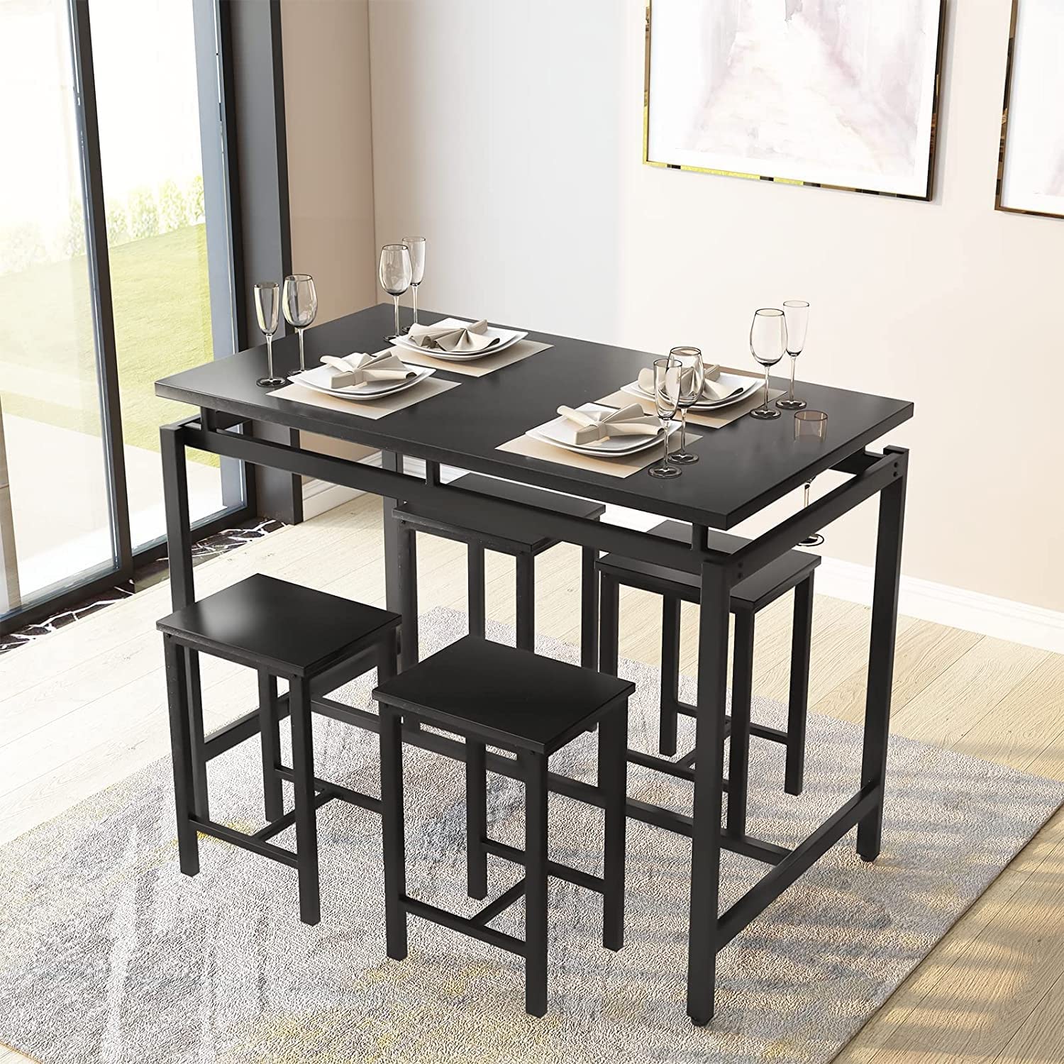 MIERES 5-Piece Industrial Bar Stool Set - Counter Height Kitchen Chairs & Dining Table for Small Spaces - Black - Perfect for Breakfast Nooks, Kitchen Islands & Compact Dining Areas