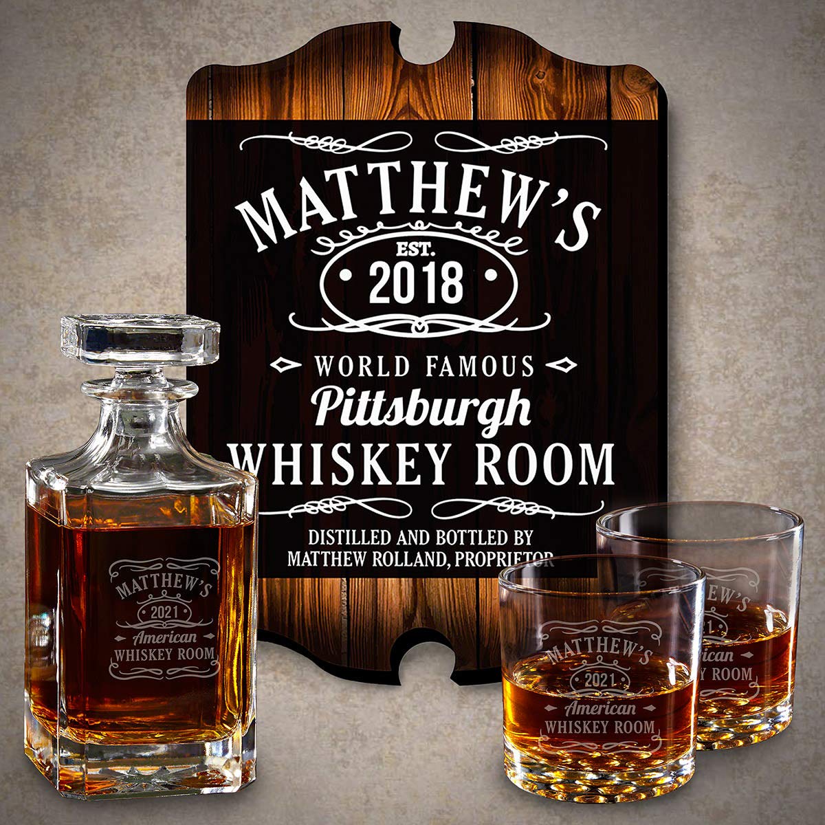 Personalized Engraved Whiskey Decanter Set with Tennessee Whiskey Wooden Sign - Custom Whiskey Gift Set for Men, Bourbon Lovers - Perfect for Home Bars, Weddings & Anniversary Gifts