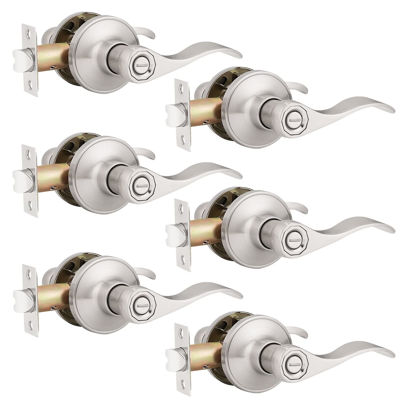 Probrico 6-Pack Privacy Door Lever with Thumb Turn Lock - Keyless Satin Nickel Finish Wave Door Handle Set for Bedroom & Bathroom Doors (Reversible Right/Left Handed) - Perfect for Home, Office, and Rental Property Security