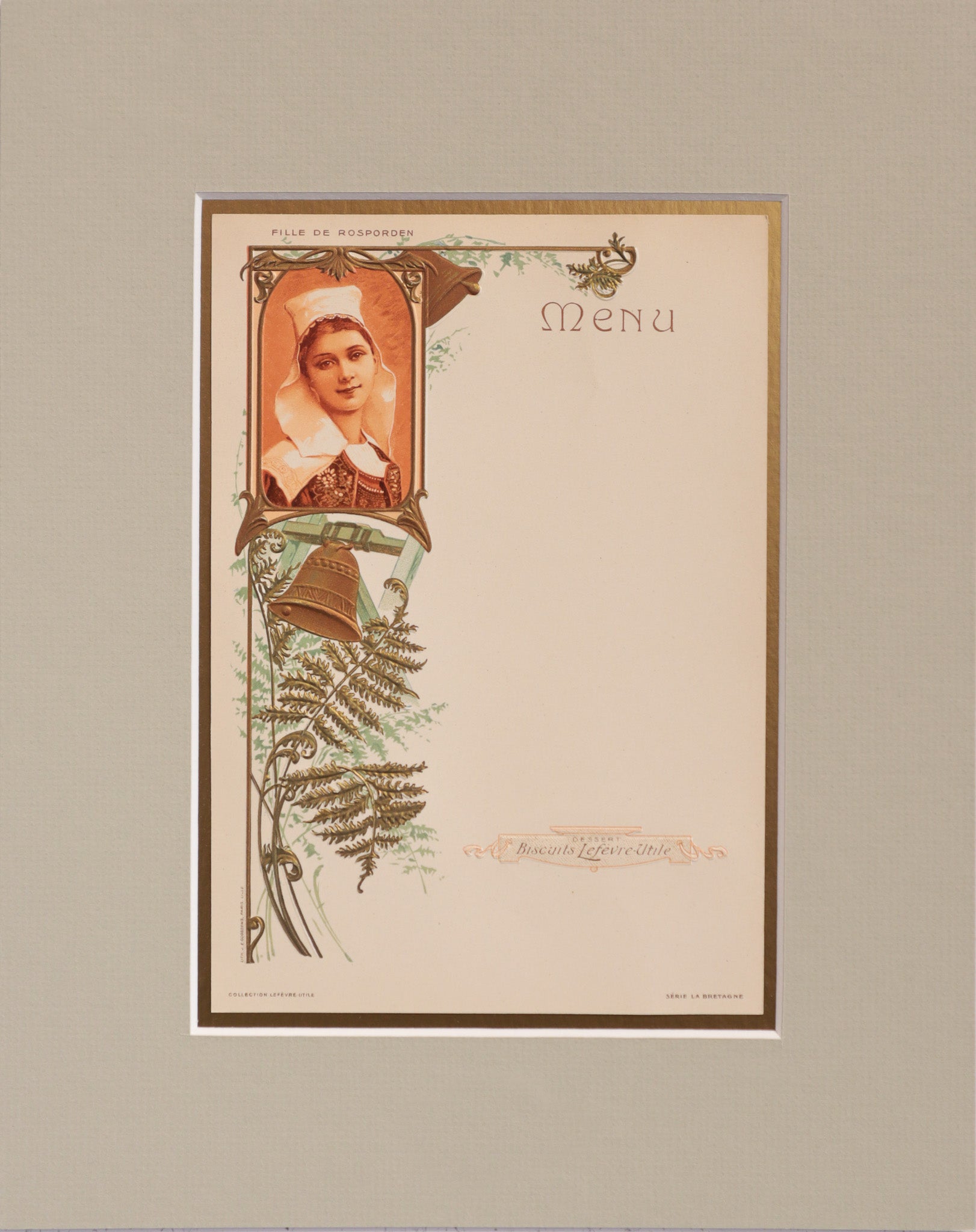 1900 Original French Advertising Menu (Breton Girl from Rosporden) - Vintage Collectible Art Print - Perfect for Home Decor, Office Wall Art & Antique Enthusiasts
