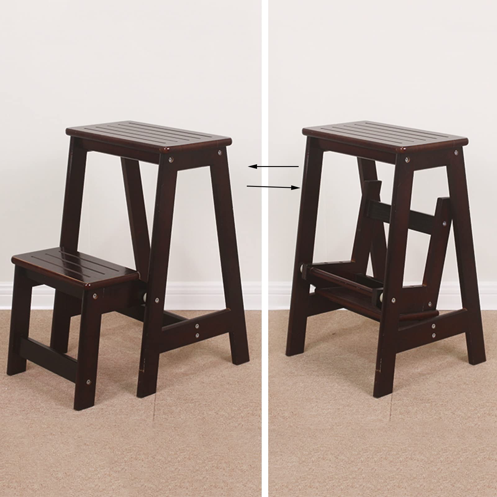 XHALERY 2-Step Folding Wooden Step Stool - Portable Shoe Bench, Counter Chair & Flower Stand - Non-Slip Safety Ladder for Home, Kitchen, Bathroom, and Garden Use