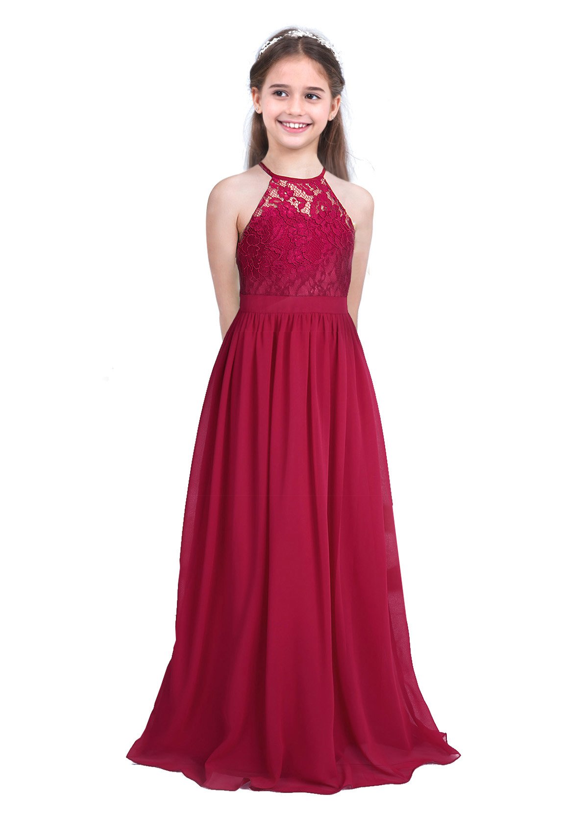 MSemis Girls' Princess Halter Neck Floor-Length Lace Chiffon A-Line Junior Bridesmaid Dress – Perfect for Weddings, Pageants & Formal Events
