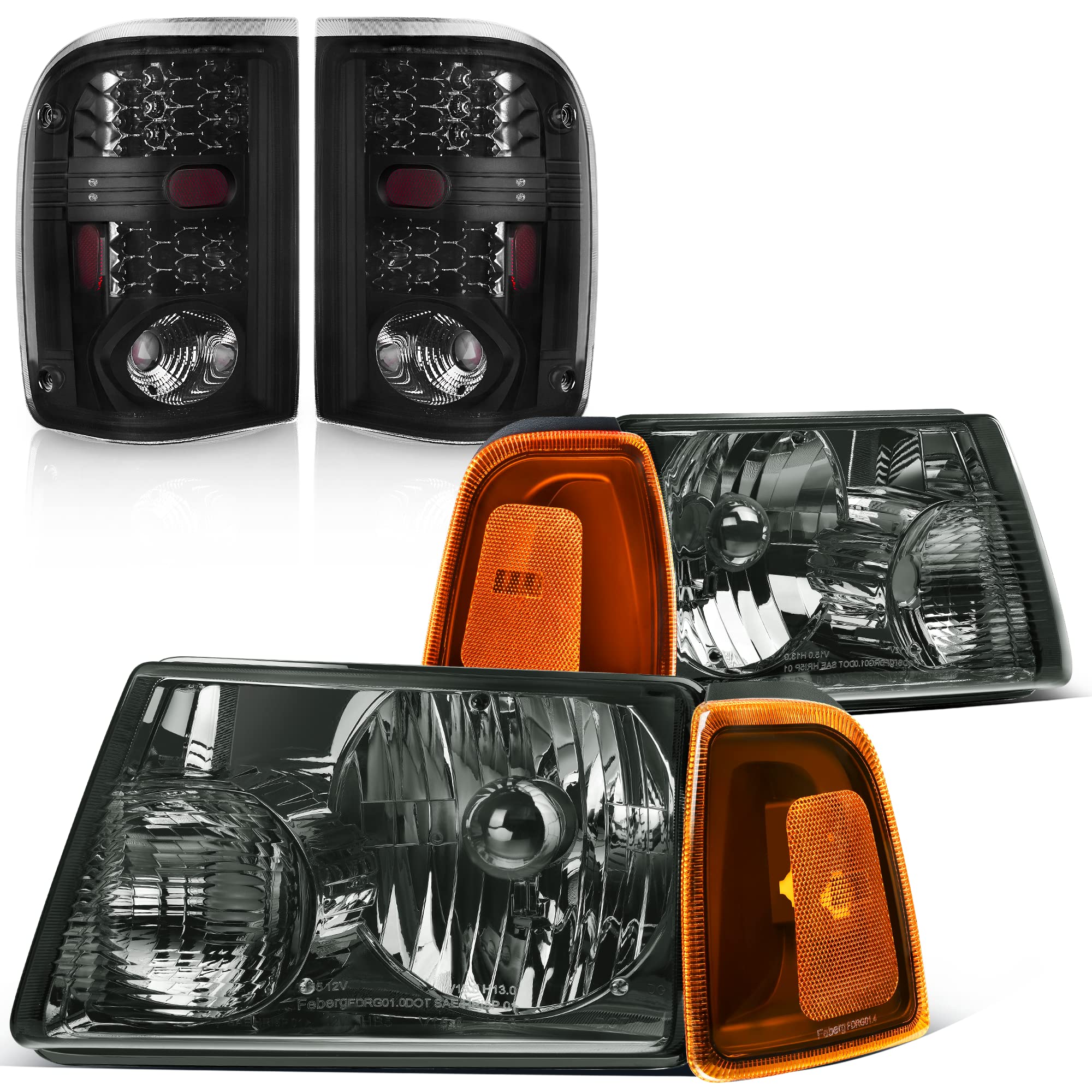 DWVO Smoke Housing Headlight & Tail Light Assembly Combo for 2001-2005 Ford Ranger - Replacement Headlights with Smoke Lens Taillights - Perfect for Off-Roading, Night Driving & Vehicle Customization