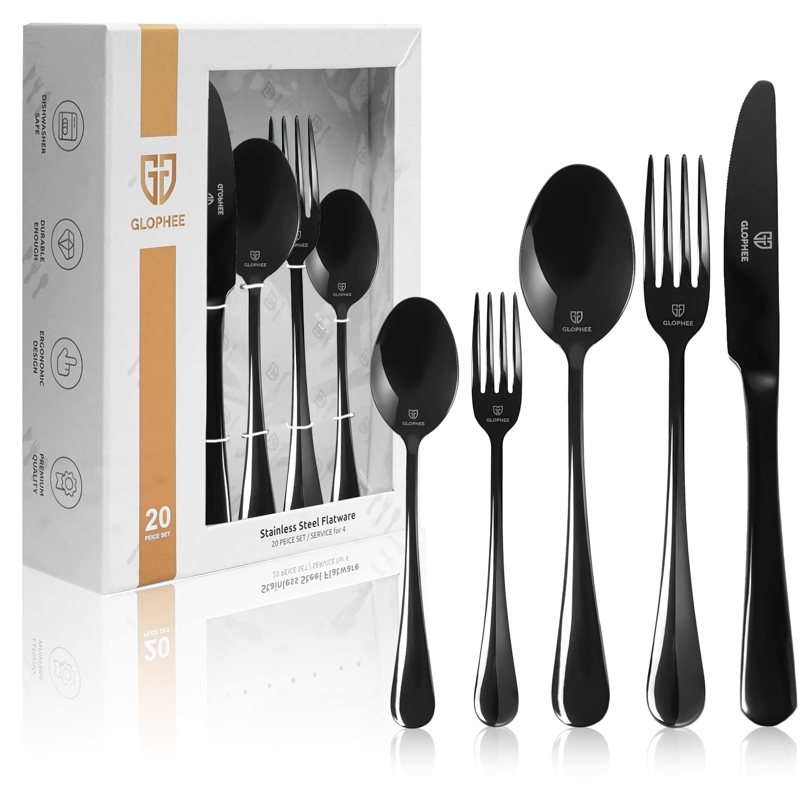 20-Piece Stainless Steel Flatware Set - Mirror Polished Silverware Set with Gift Box, Durable Black Cutlery Utensils Including Knives, Forks & Spoons (Service for 4) - Perfect for Dinner Parties, Weddings, and Everyday Dining
