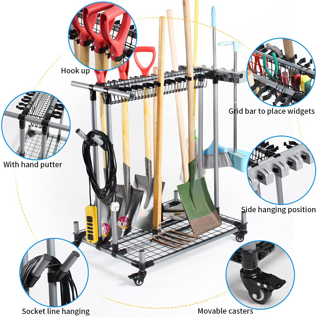 Heavy Duty Metal Garage Storage Holder - Large Long Lawn Tool Organizer Rack for Garden & Yard Tools | Sturdy Mobile Cart for Efficient Tool Storage & Organization | Perfect for Garage, Shed, or Outdoor Workspace