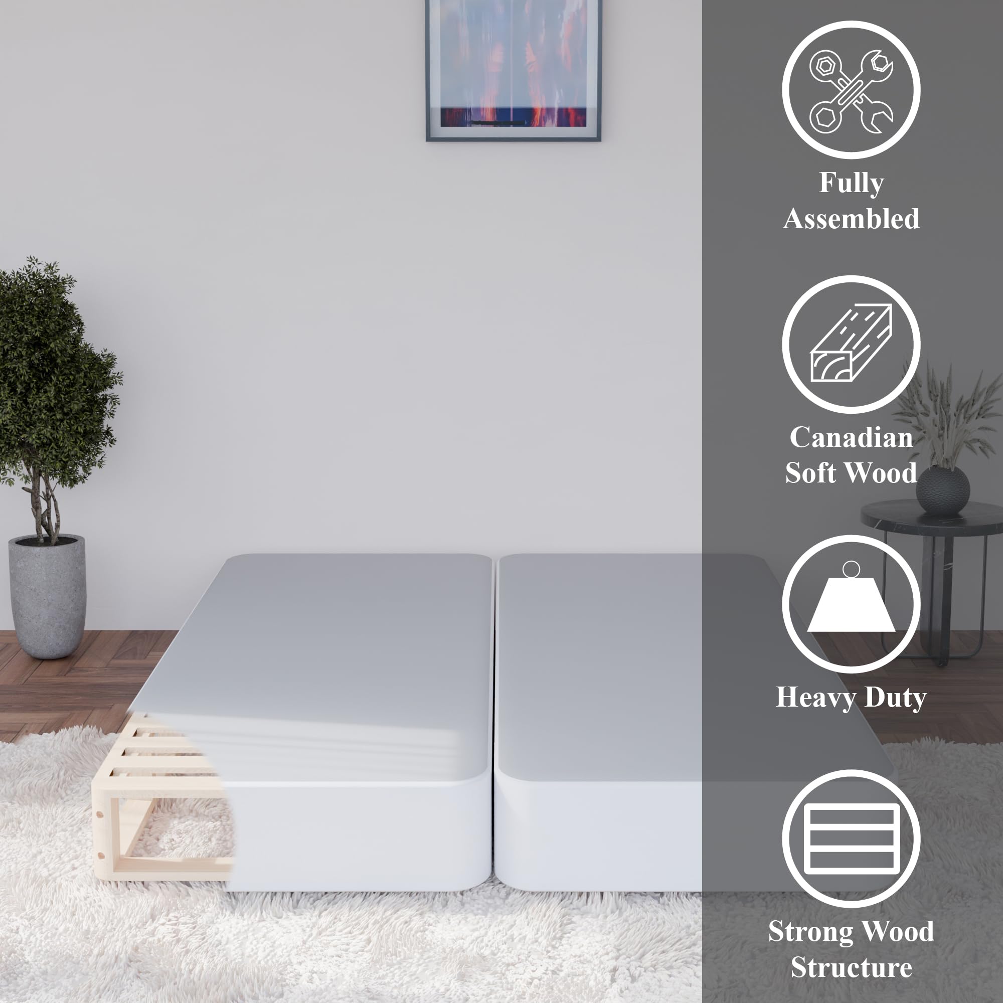 Greaton 4-Inch Sturdy Box Spring for Queen Mattress Support - Durable & Fully Assembled Natural Wood Foundation (White) | Bed Frame Support, Guest Room & Dorm Essentials