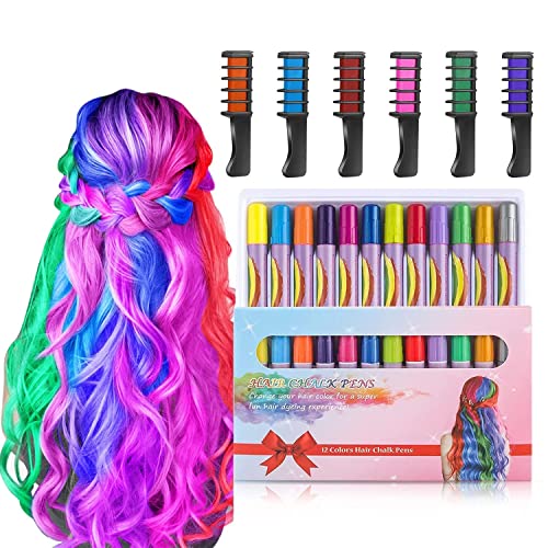 MSDADA 6 Pack Hair Chalk Comb & 12 Pack Hair Chalk Pens - Temporary Washable Hair Color Dye for Kids & Adults - Bright Non-Permanent Hair Coloring Kit for Birthday Parties, Halloween, Easter, Christmas & Cosplay DIY Costume Dress Up - Perfect for Festivals, School Events and Themed Parties