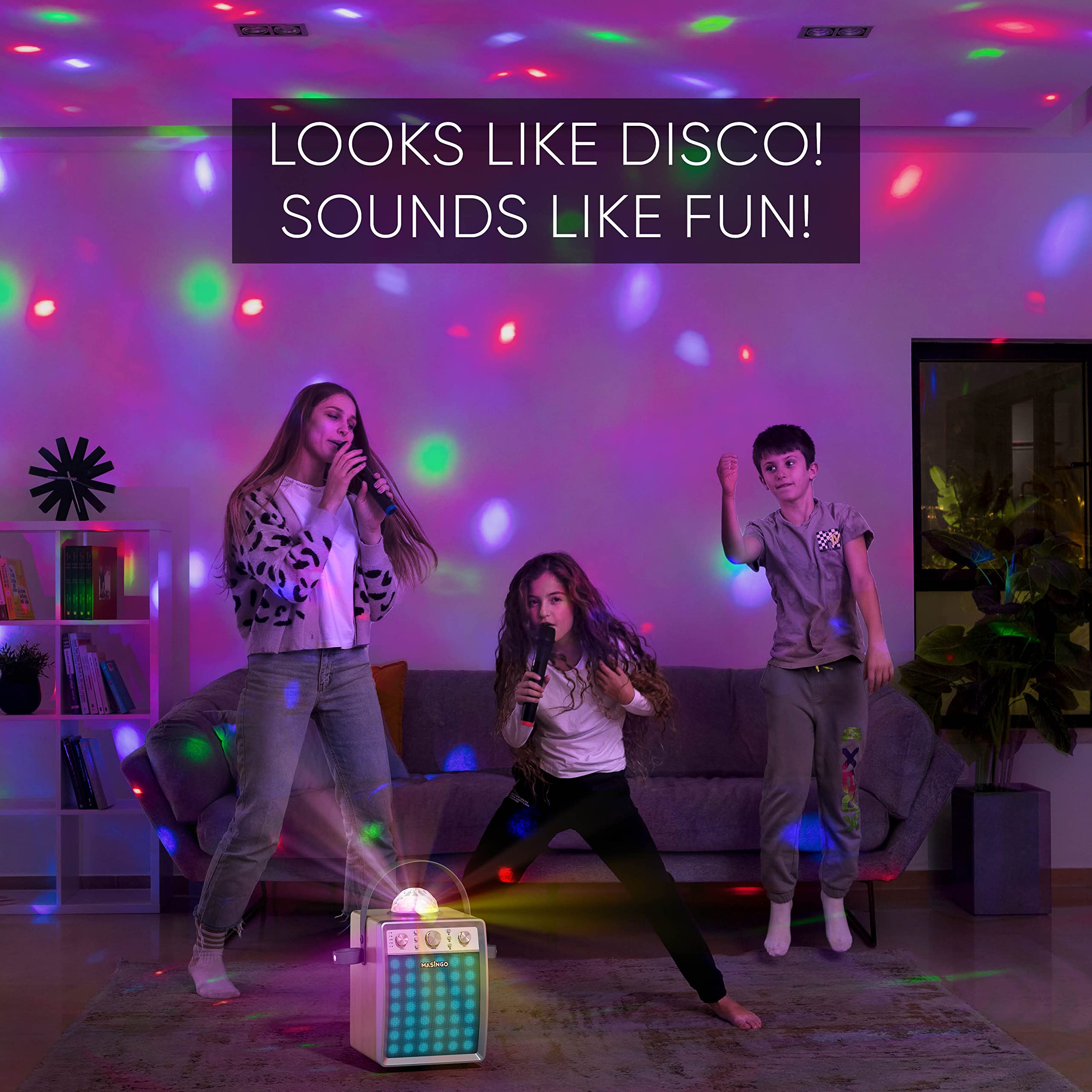 MASINGO M7 Portable Karaoke Machine with 2 Wireless Microphones - Bluetooth PA Speaker System with Disco Ball Party Lights & TV Cable for Adults & Kids - Perfect for Home Parties, Birthday Celebrations & Family Gatherings