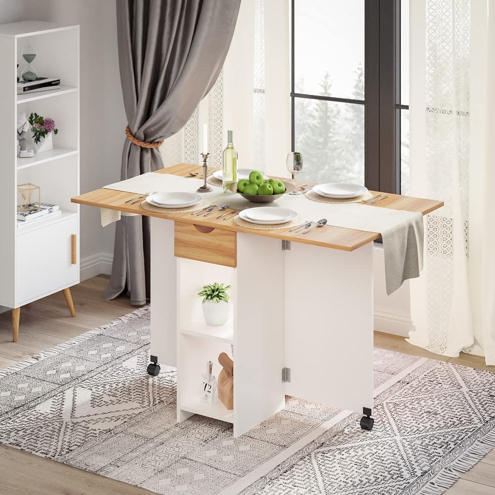 Space-Saving Drop Leaf Folding Dining Table with 1 Drawer & 2 Open Shelves - Modern Kitchen Table for Small Spaces in White & Red Oak - Perfect for Apartments, Breakfast Nooks & Compact Dining Areas