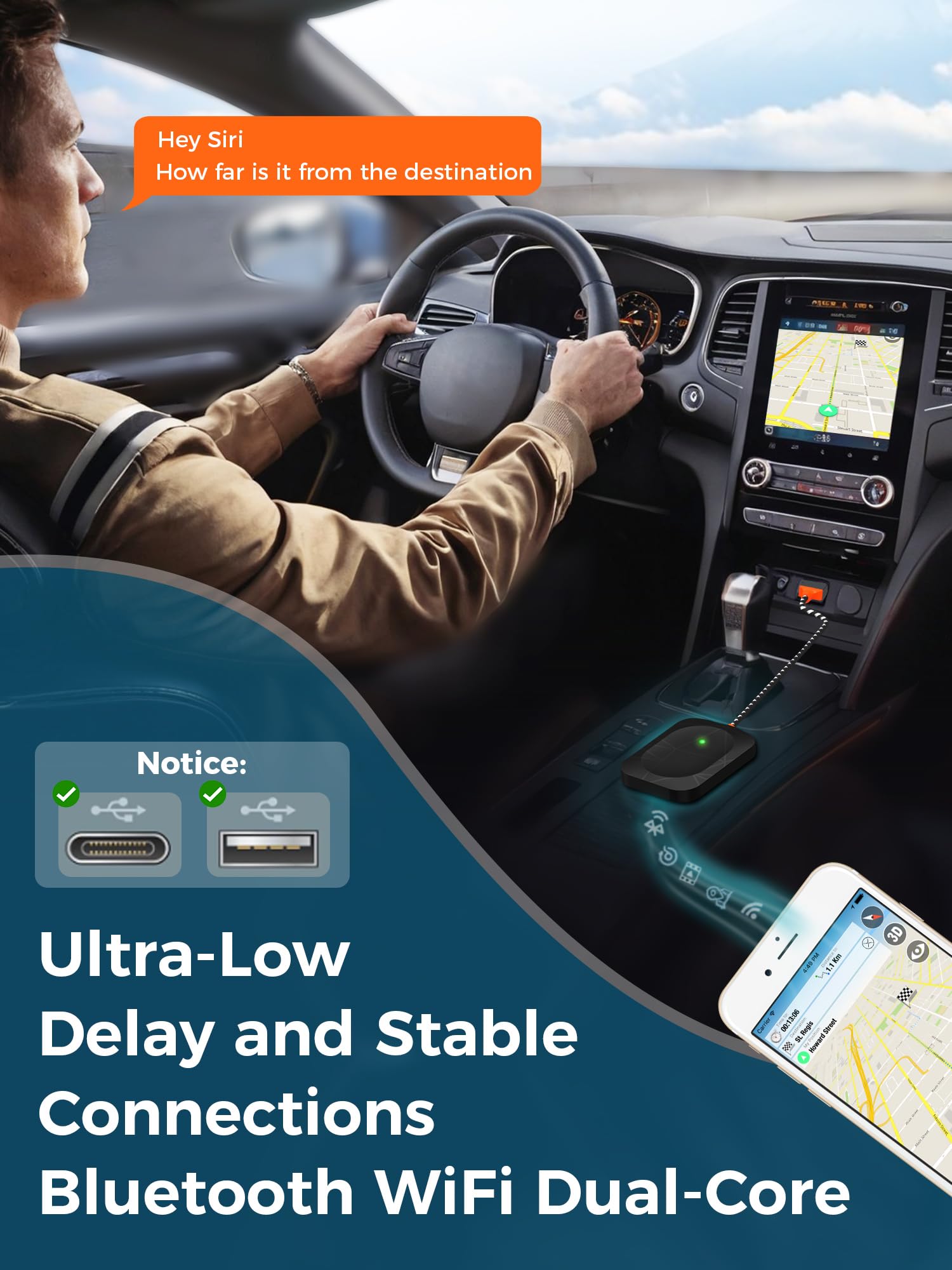 Wireless CarPlay Adapter for iPhone & Android - Plug & Play Auto Connect Converts Wired to Wireless CarPlay - Compatible with iOS 10+ & Android 11+ (Black) | Perfect for Hands-Free Driving & Seamless Music Streaming
