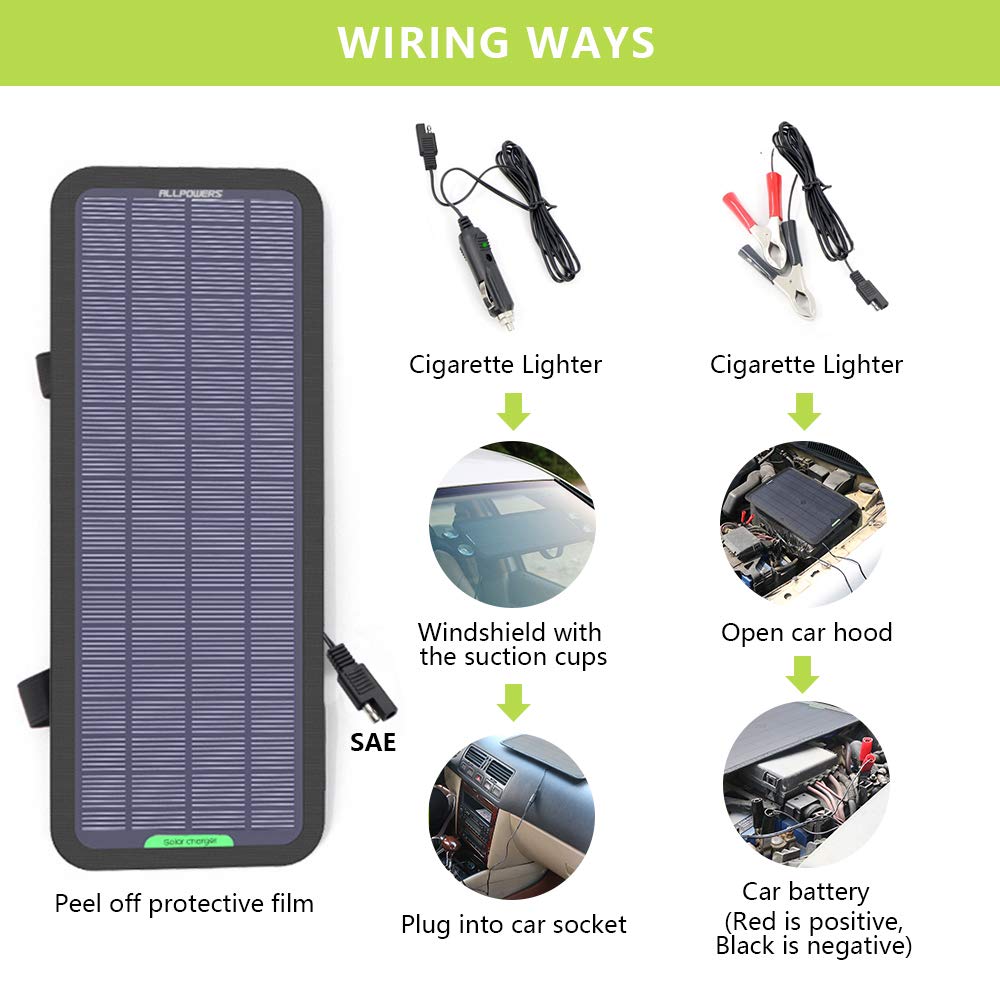 ALLPOWERS 18V 12V 5W Portable Solar Panel Battery Charger - Waterproof Solar Power Maintainer for Car, Boat, RV, Motorcycle, Tractor Batteries - Ideal for Outdoor, Camping & Emergency Power Supply