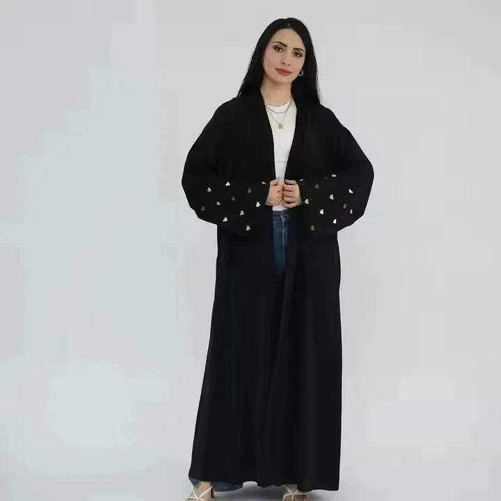 Elegant Heart Embroidery Muslim Women's Nida Cardigan Open Abaya Dress - Perfect for Prayer, Eid, and Special Occasions