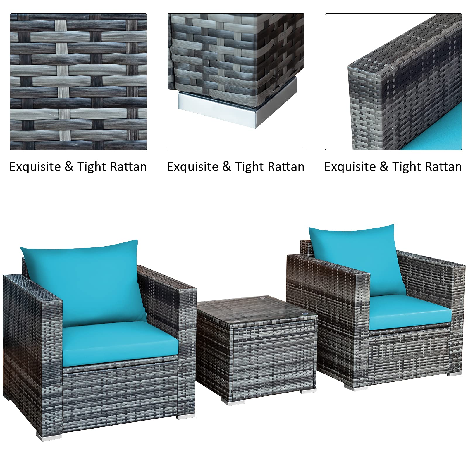 Tangkula 3-Piece PE Rattan Patio Furniture Set with Washable Cushions & Tempered Glass Table - Outdoor Wicker Sofa Conversation Set for Garden, Poolside, Backyard, Deck or Balcony Relaxation