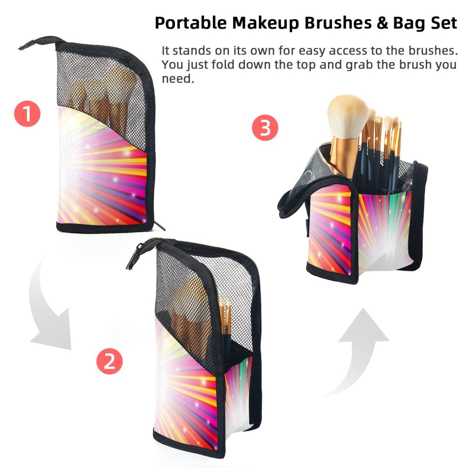 12-Piece Makeup Brush Organizer Bag with Colorful Stripes & Light - Portable Travel Cosmetic Brush Holder Set for Professional Artists & Beginners (Perfect for Home, Travel & Salon Use)