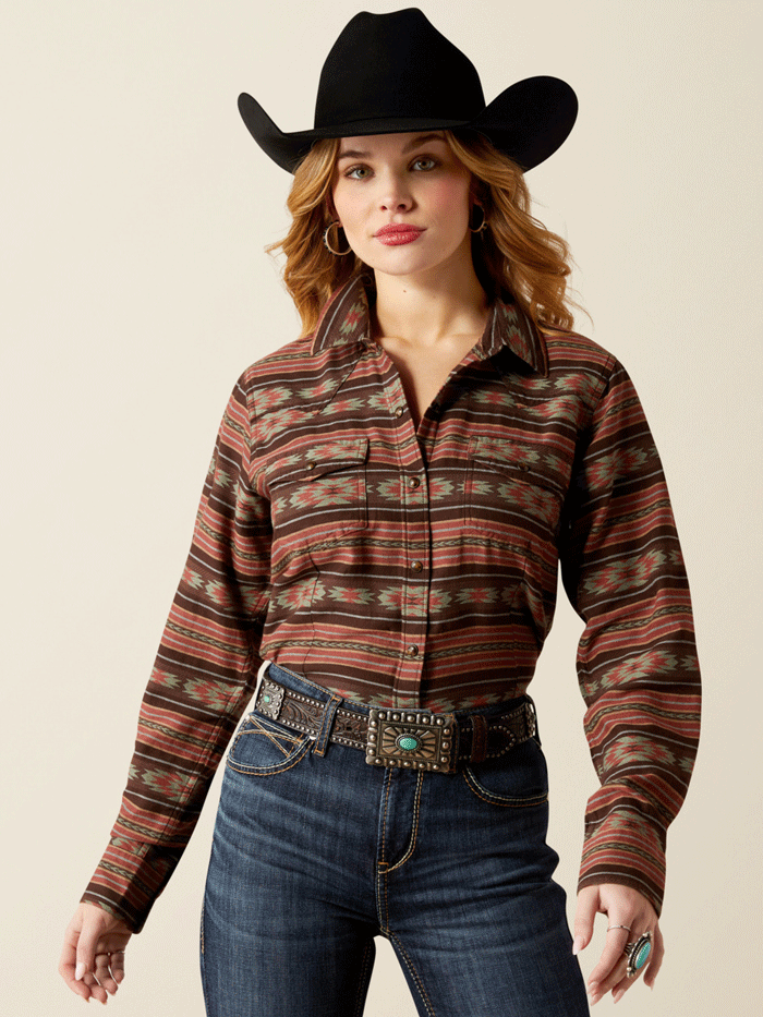 Ariat Women's Everyday Western Shirt - Soft Silt Serape Print Brown Plaid Long Sleeve Button Down Top for Casual Wear & Country Style Outfits