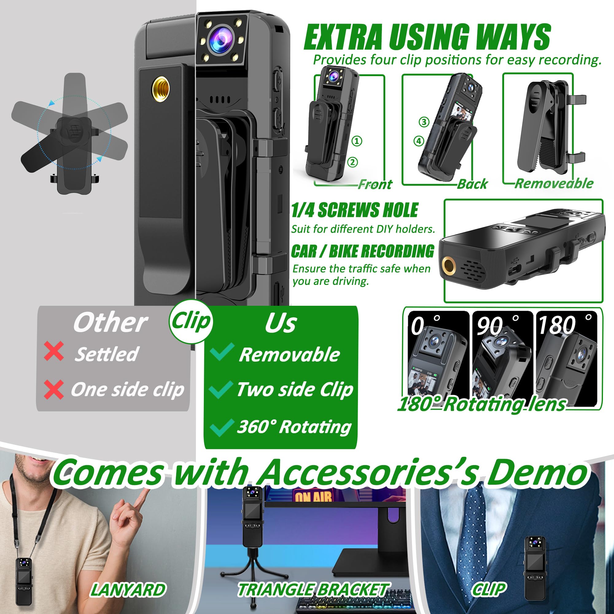 1080P HD Body Camera with Audio & Video Recording, 180° Rotating Lens, 6HR Battery, IR Night Vision, 128GB Storage - for Police, Security, Law Enforcement & Personal Safety Use