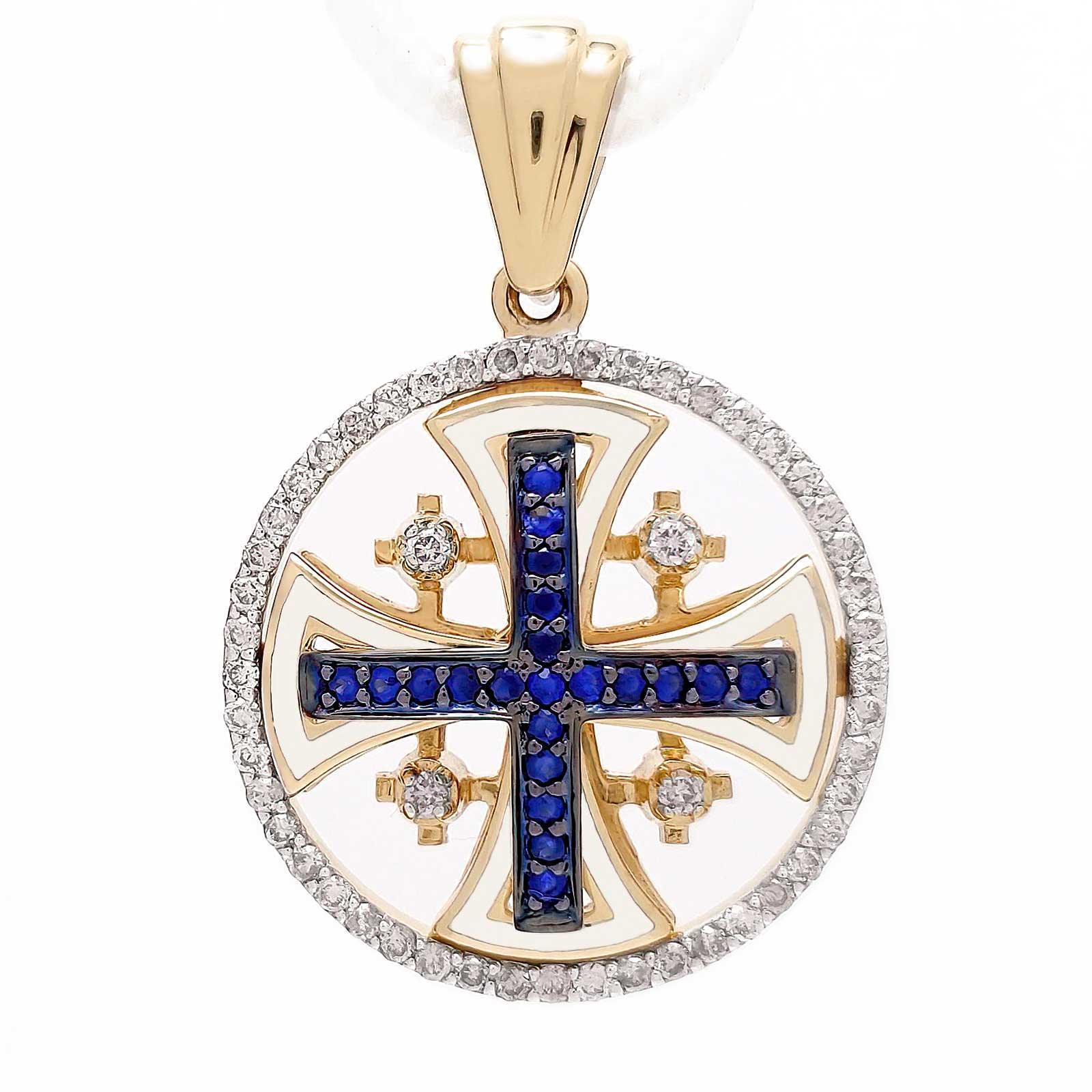 14K Gold Jerusalem Cross Round Pendant with Sapphires & Diamonds - Elegant Religious Jewelry for Women, Perfect for Gifts, Church, Weddings & Special Occasions