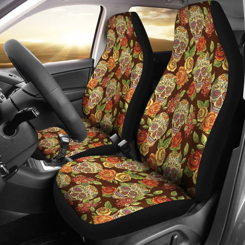 2 Pcs Sugar Skull Floral Car Seat Covers - Universal Fit for Cars, Trucks & SUVs - Gothic Decor for Day of the Dead, Halloween & Mexican Theme Parties