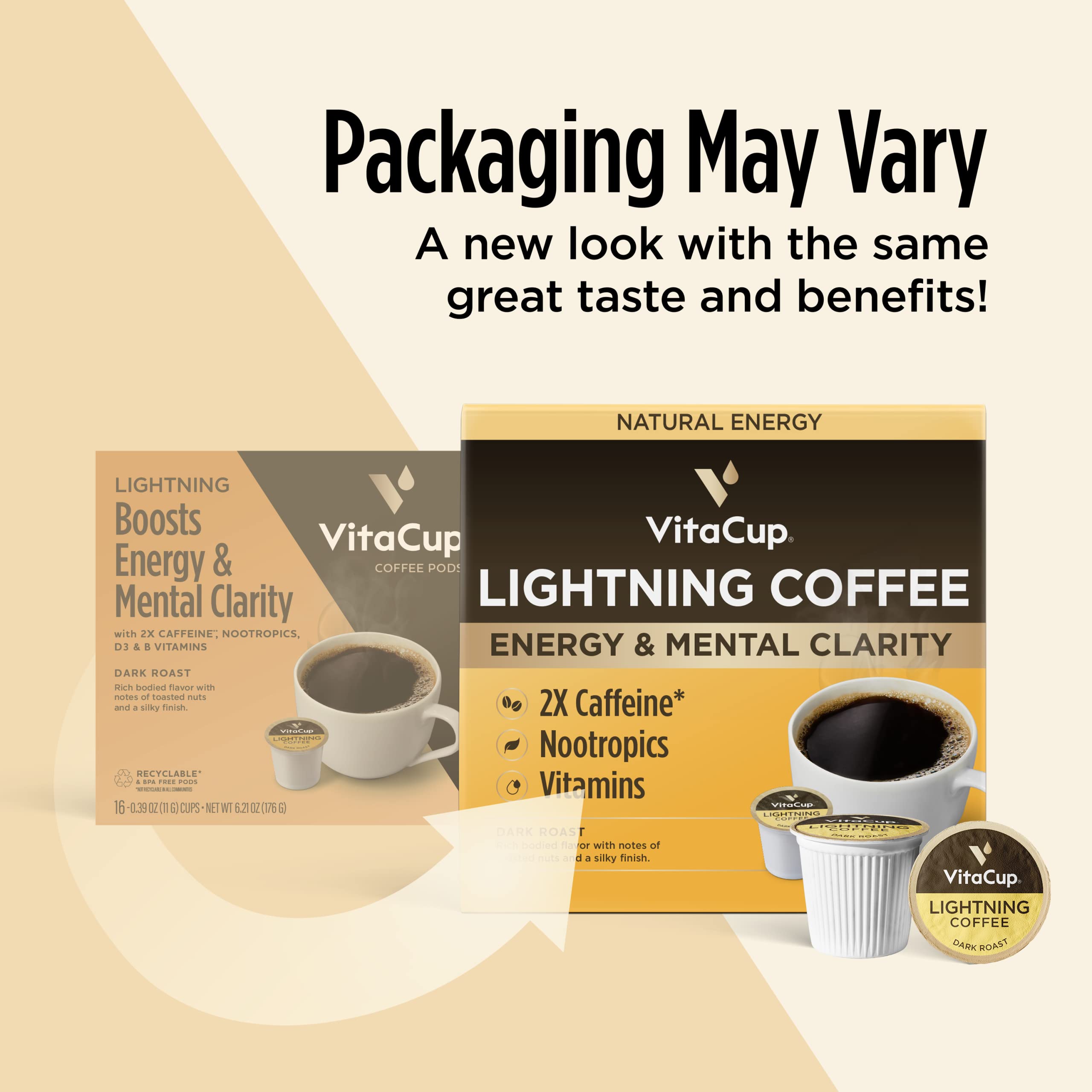 VitaCup Lightning Coffee Pods - 2X Caffeine Boost with Green Coffee Bean, B Vitamins & Vitamin D3 | Strong Dark Roast Arabica Single Serve Pods | Compatible with Keurig K-Cup Brewers (64 Count - 4 Packs of 16) | Perfect for Morning Energy, Work Focus & Study Sessions