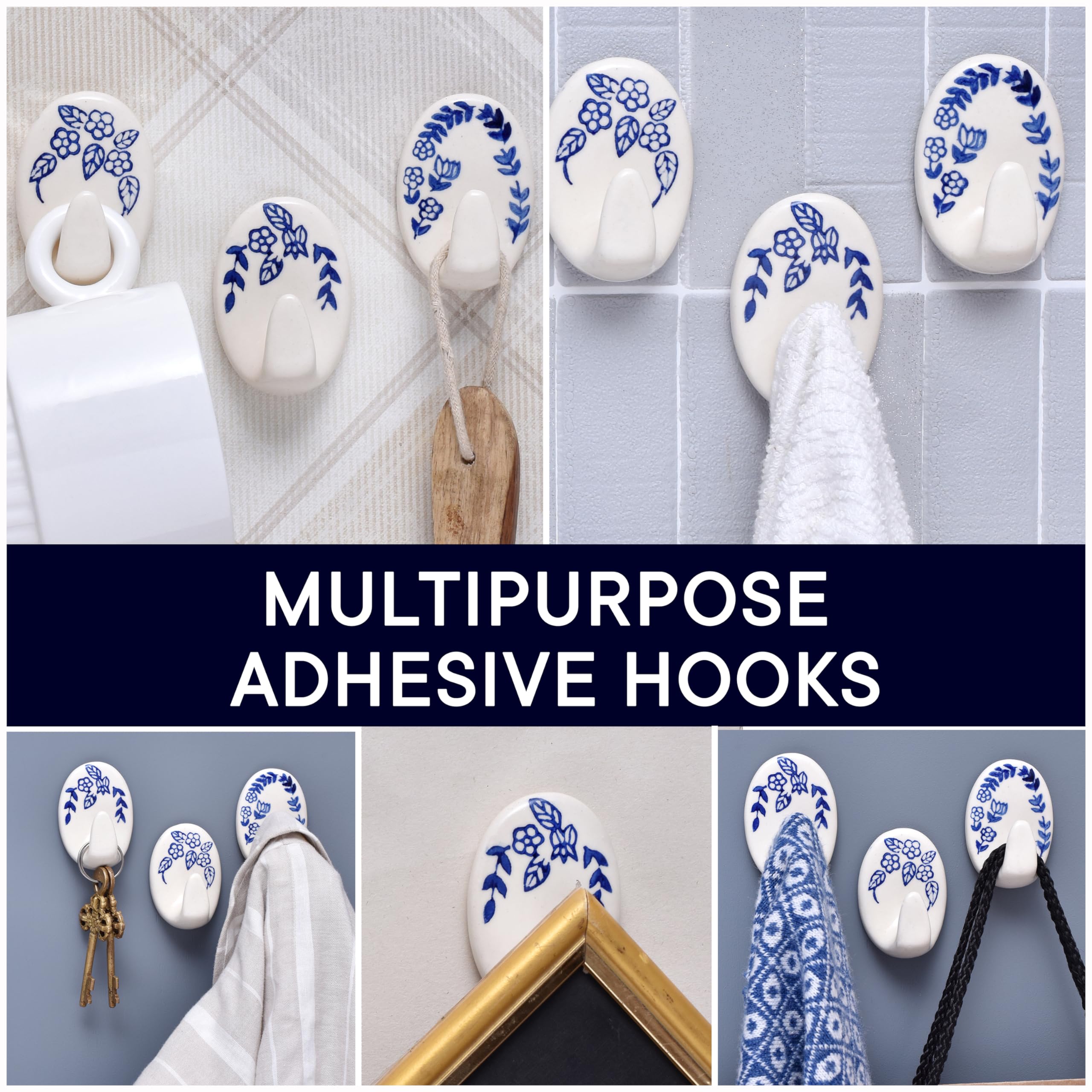 3 Hooks 6 Strips No Damage Adhesive Wall Hooks - Decorative Shower Loofah Holder, Bathroom Towel Hooks & Kitchen Hooks - Perfect for Organizing Bathrooms, Showers, and Kitchens