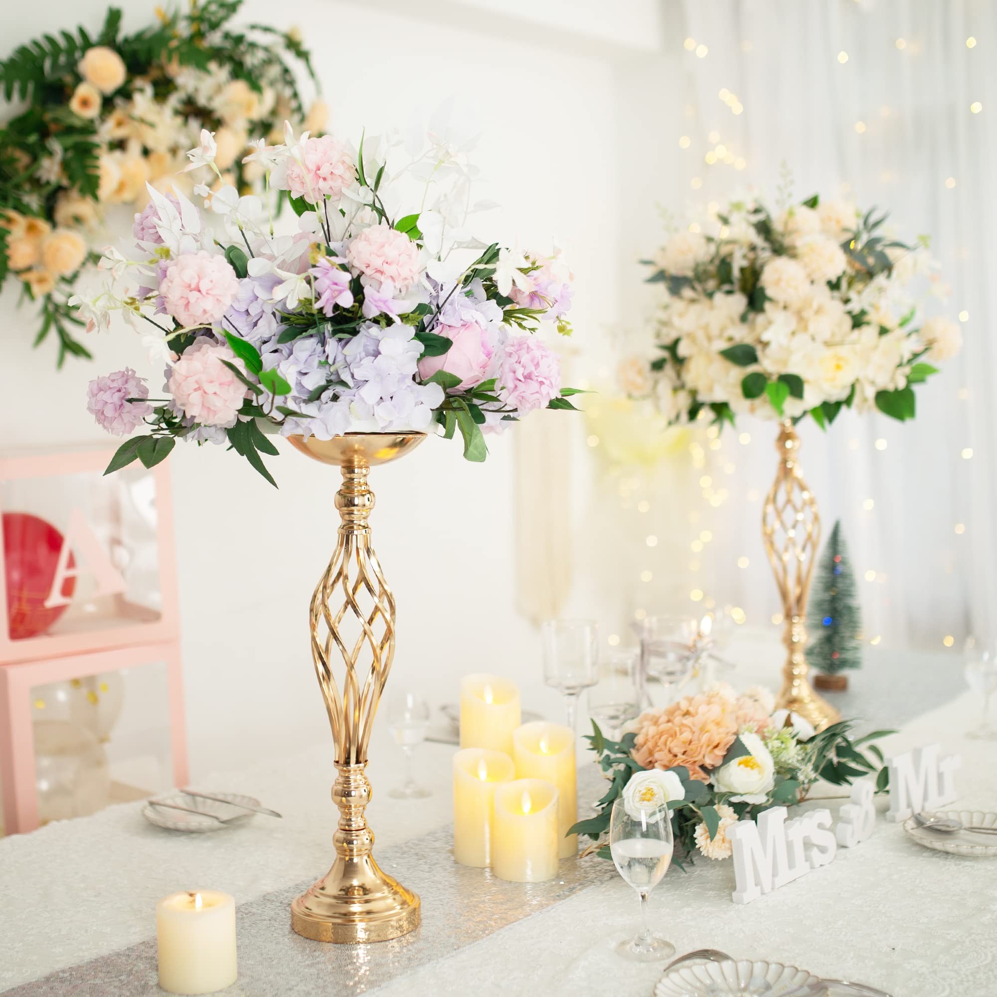 2 Pcs Elegant Wedding Centerpieces for Reception Tables - Twist Candle Holders & Metal Flower Vases - Perfect for Wedding Party, Dinner Events, Hotel & Home Decor - Ideal for Romantic Dinners, Anniversary Celebrations and Special Occasions