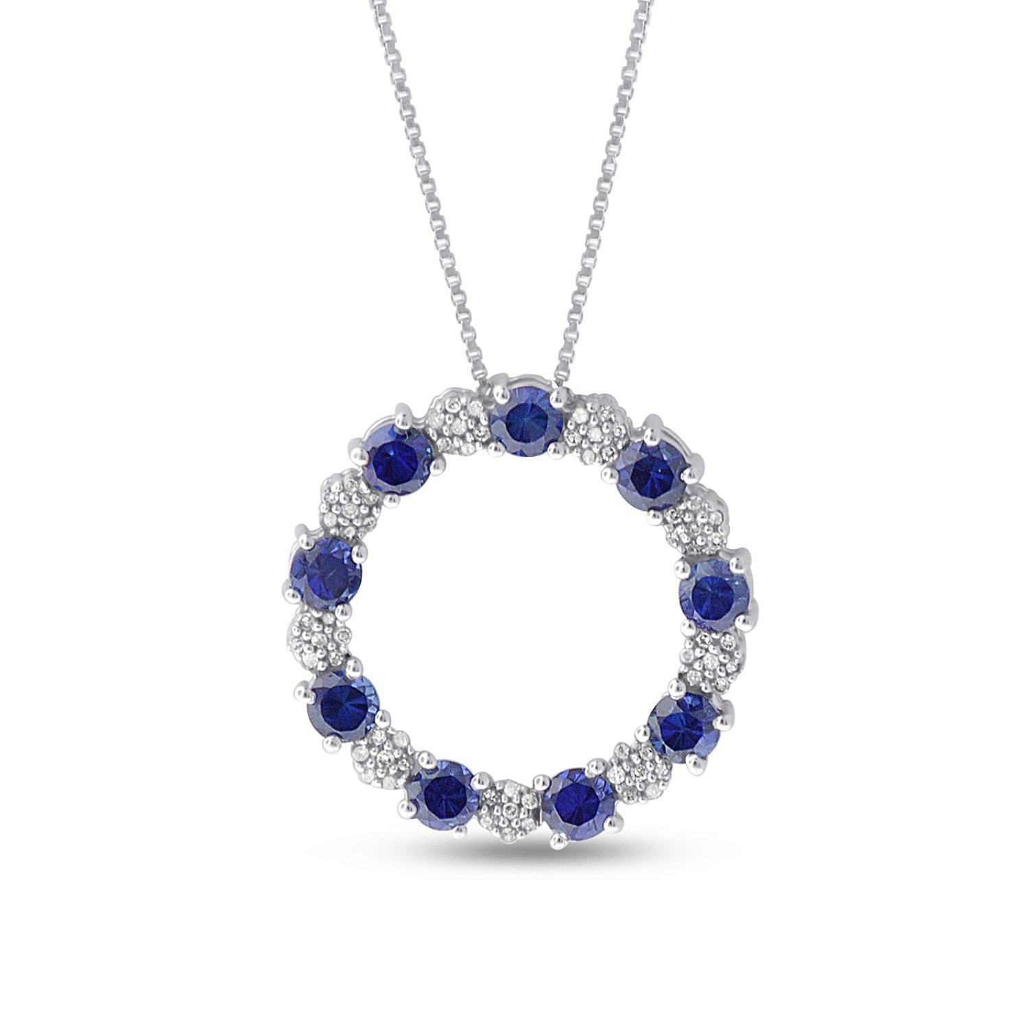 Sterling Silver Diamond & Blue Sapphire Circle Pendant Necklace (1/3 CTTW) - Elegant Jewelry Gift for Women, Perfect for Weddings, Anniversaries & Special Occasions