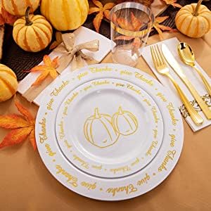 200-Piece Thanksgiving Dinnerware Set - Gold Plastic Plates, Silverware, Cups & Napkins for Fall Parties | Elegant Disposable Tableware for Thanksgiving Feast, Holiday Gatherings & Autumn Celebrations