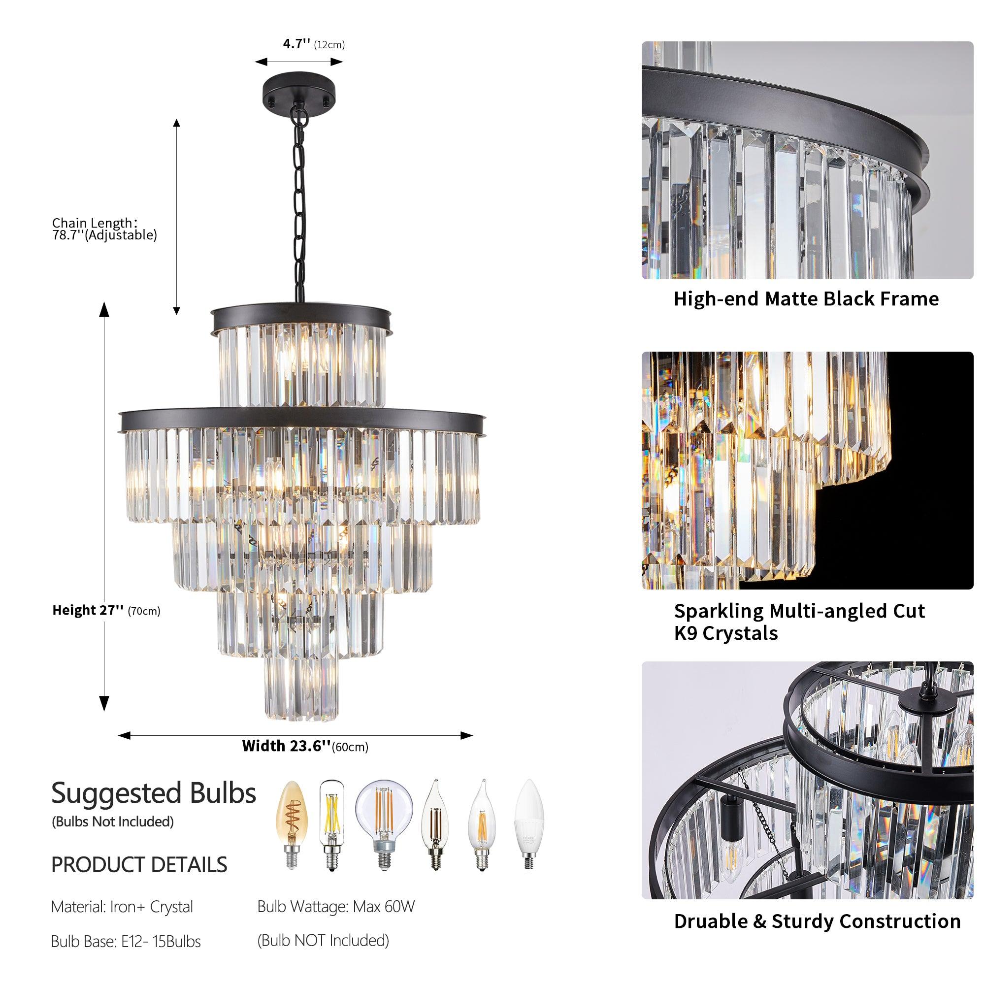 Elegant Black Crystal Chandelier - 23.6 Inch Modern Hanging Pendant Light Fixture for Dining Room, Bedroom & Living Room - Luxury Home Decor Lighting for Weddings, Parties & Interior Design