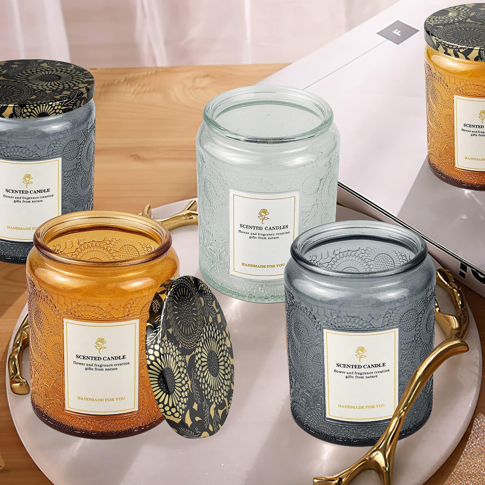 8.8OZ 9 Pack Embossed Glass Candle Jars with Tin Lids - DIY Candle Making Supplies with Warning Labels & Stickers - Perfect for Home Decor, Wedding Favors, and Craft Projects (Assorted Designs)
