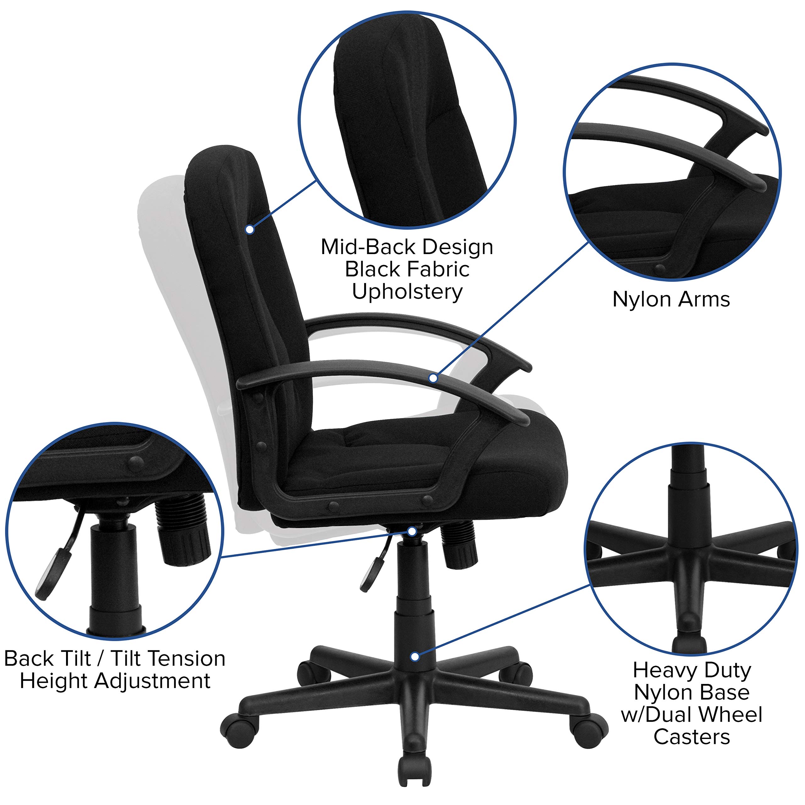 Premium Mid-Back Black Fabric Executive Swivel Office Chair with Nylon Arms - Ergonomic Desk Chair for Home Office, Conference Room & Business Workspace