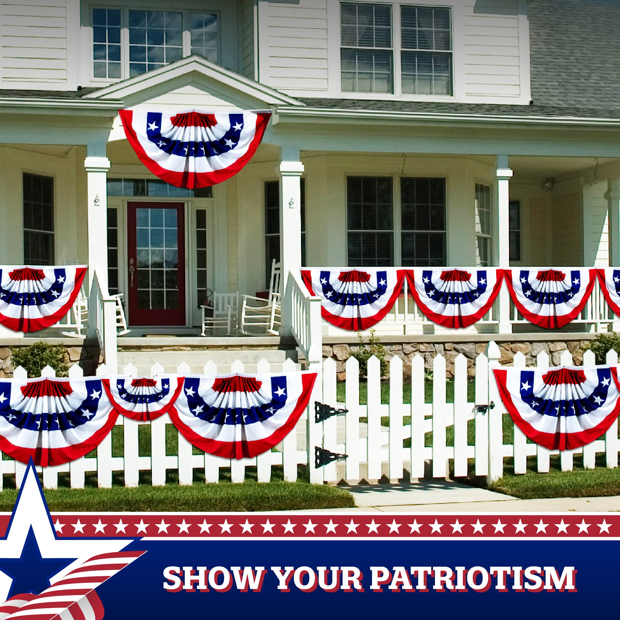 G128 – 10 Pack: 1.5x3 Feet American USA Pleated Fan Flags - Patriotic Stars & Stripes Bunting Decorations with Canvas Header & Brass Grommets (150D Printed) - Perfect for 4th of July, Memorial Day, Labor Day & Patriotic Party Decorations