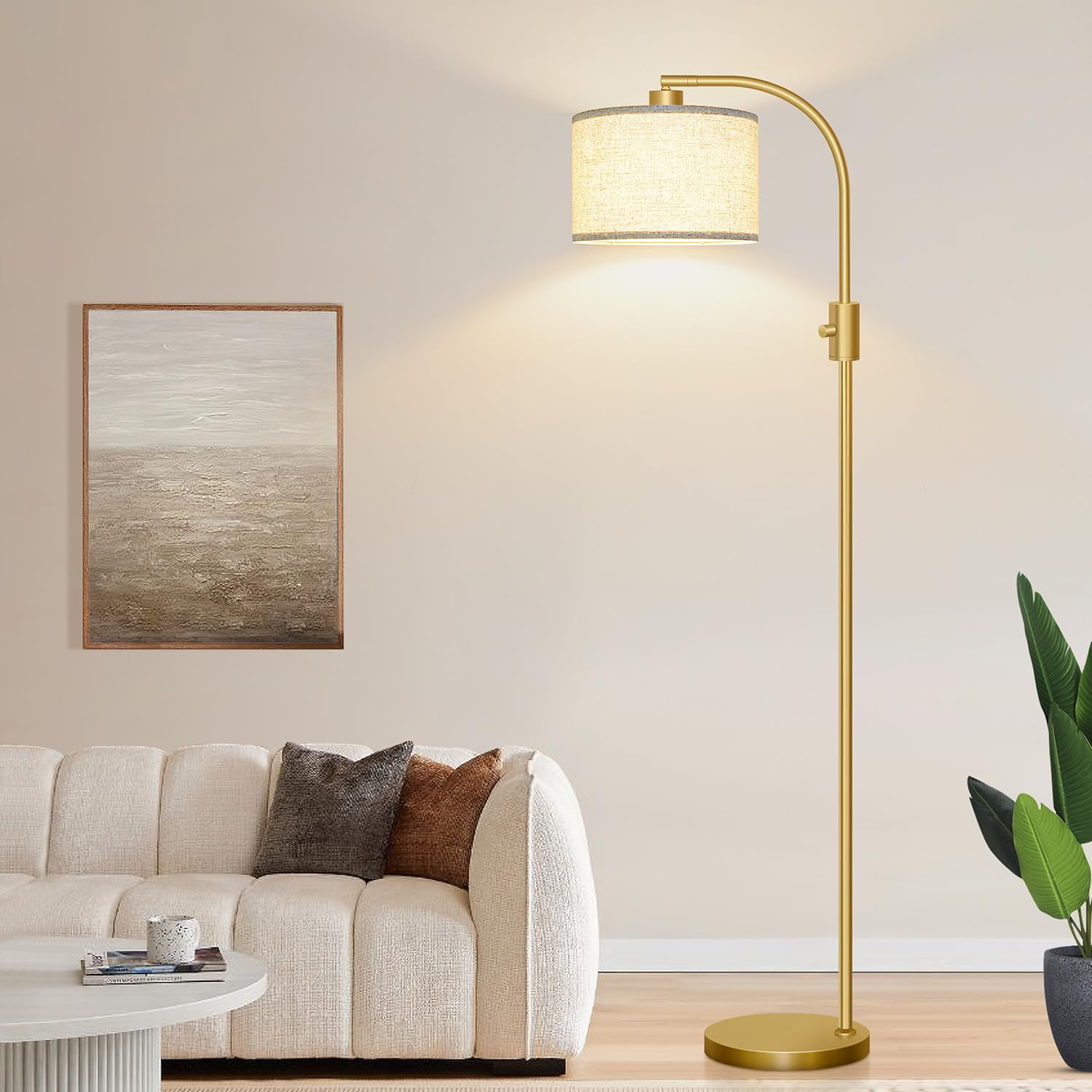 Upgraded Dimmable Gold Floor Lamp with 1200 Lumens LED Bulb - Modern Arc Standing Lamp with Linen Shade for Living Room, Bedroom, Office, Nursery - Perfect for Reading, Relaxing & Home Decor