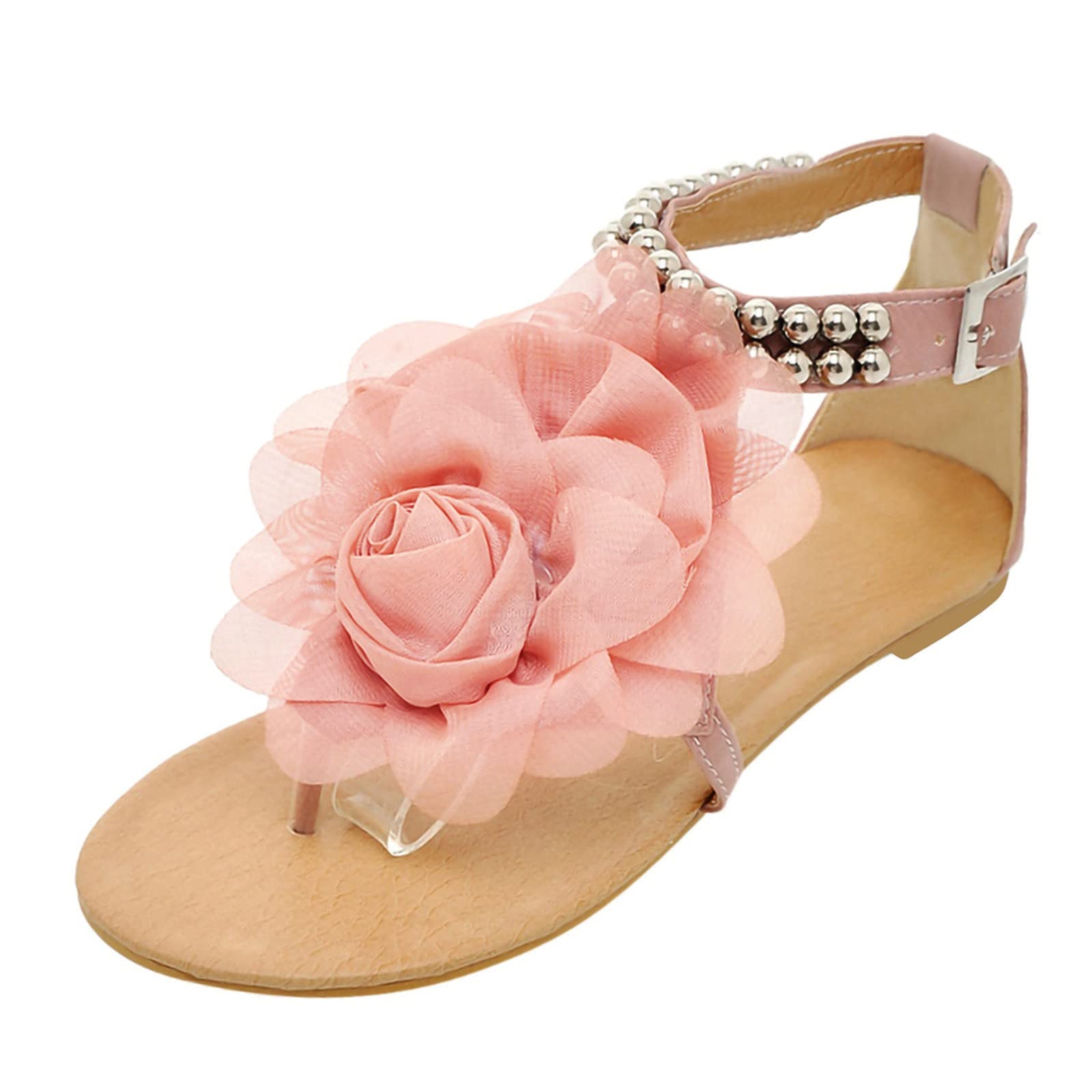 Bohemian Beaded Flat Sandals for Women - Adjustable Strap Summer Shoes with Floral Design, Shower & Beach Comfort (Pink, Size 8) | Perfect for Vacation, Poolside & Casual Outings