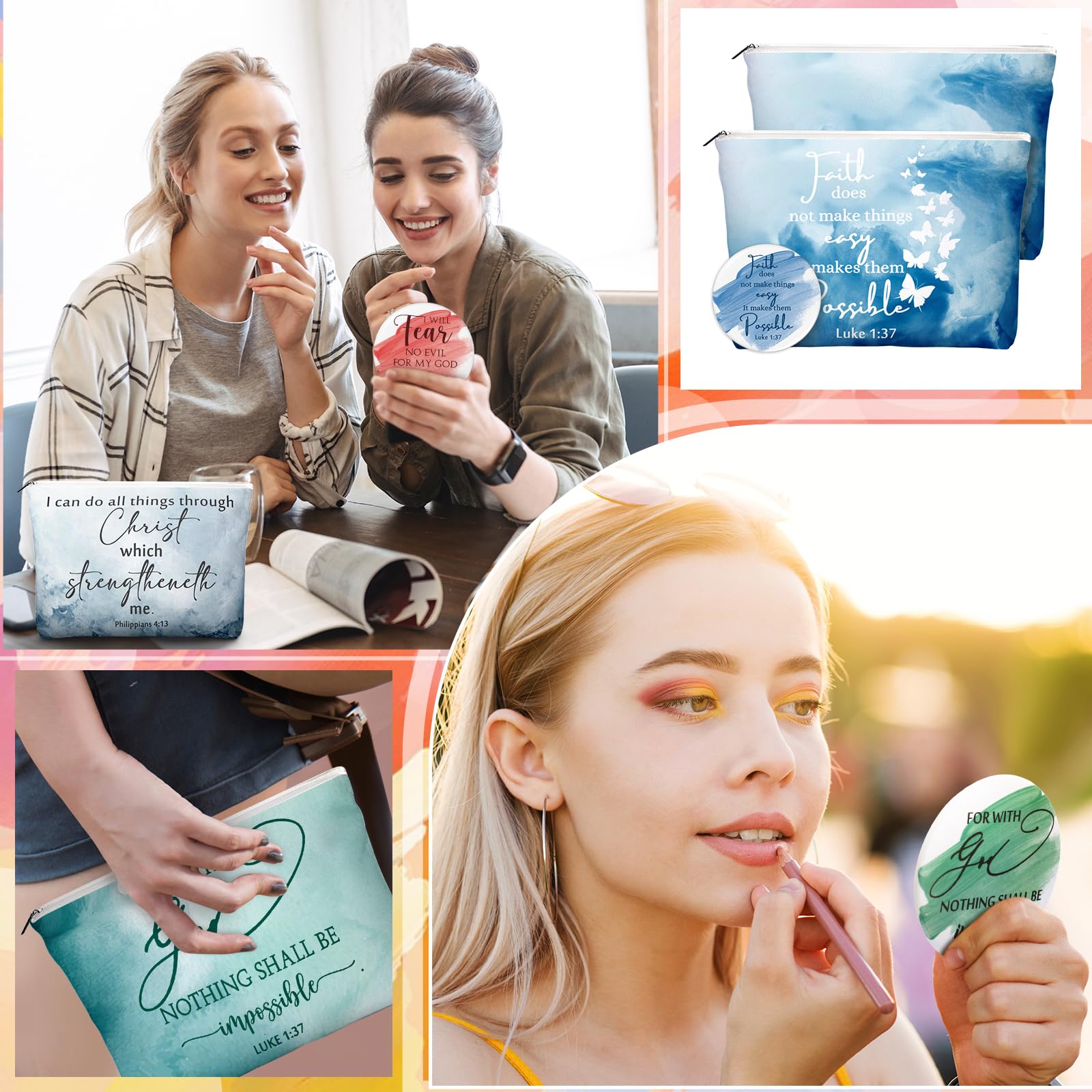 10 Sets Christian Gift Box for Women - Religious Canvas Makeup Bags & Bible Verse Compact Mirrors - Inspirational Easter & Mother's Day Present (Watercolor Classic Style) - Perfect for Church Events, Bible Study Groups & Spiritual Encouragement Gifts