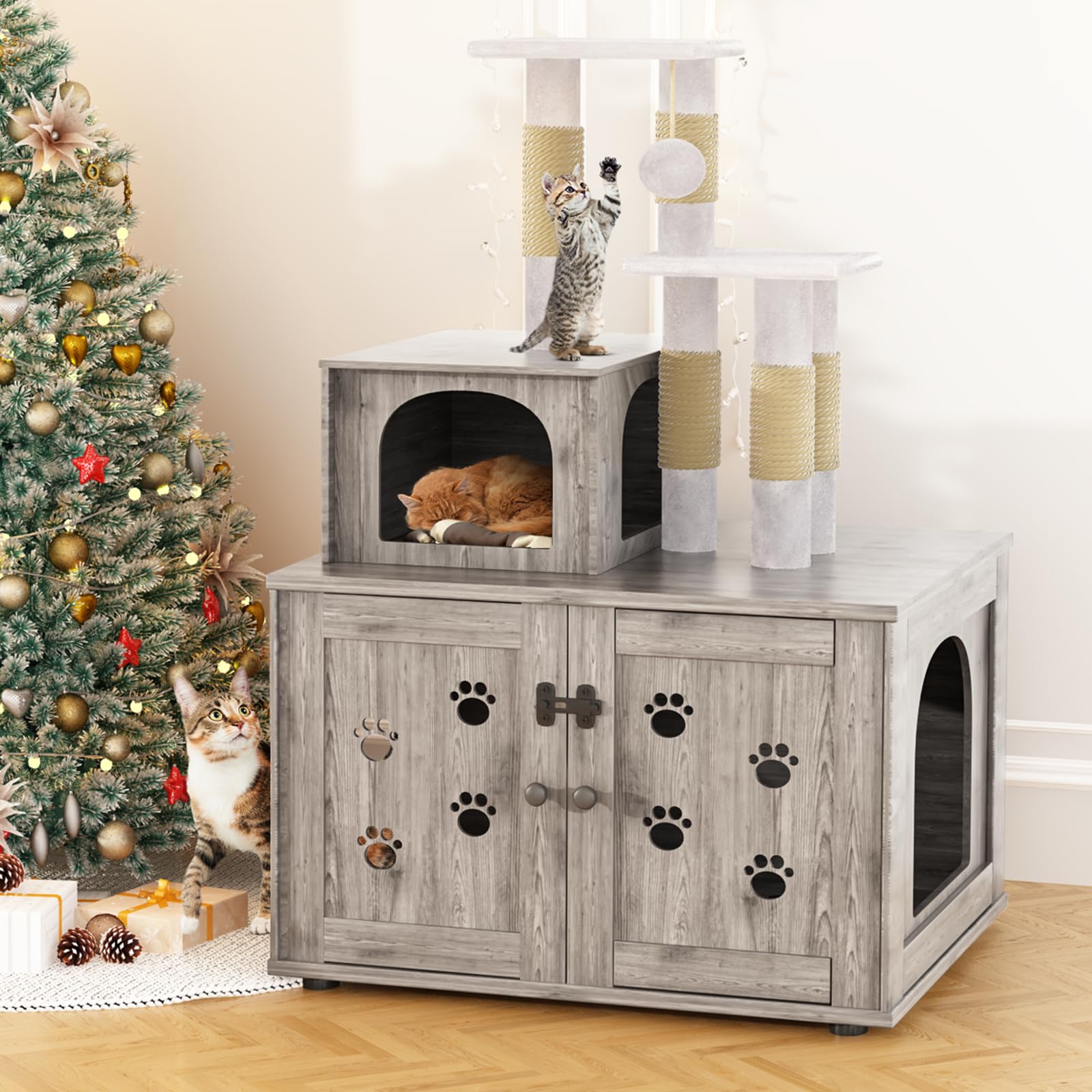 Recaceik Wooden Cat Litter Box Enclosure with Cat Tree & Scratching Post - Hidden Cat Washroom Furniture with Divider, Soft Plush Perch & Platform - Indoor Pet Cabinet for Small Spaces (Gray) - Perfect for Apartments & Multi-Cat Homes