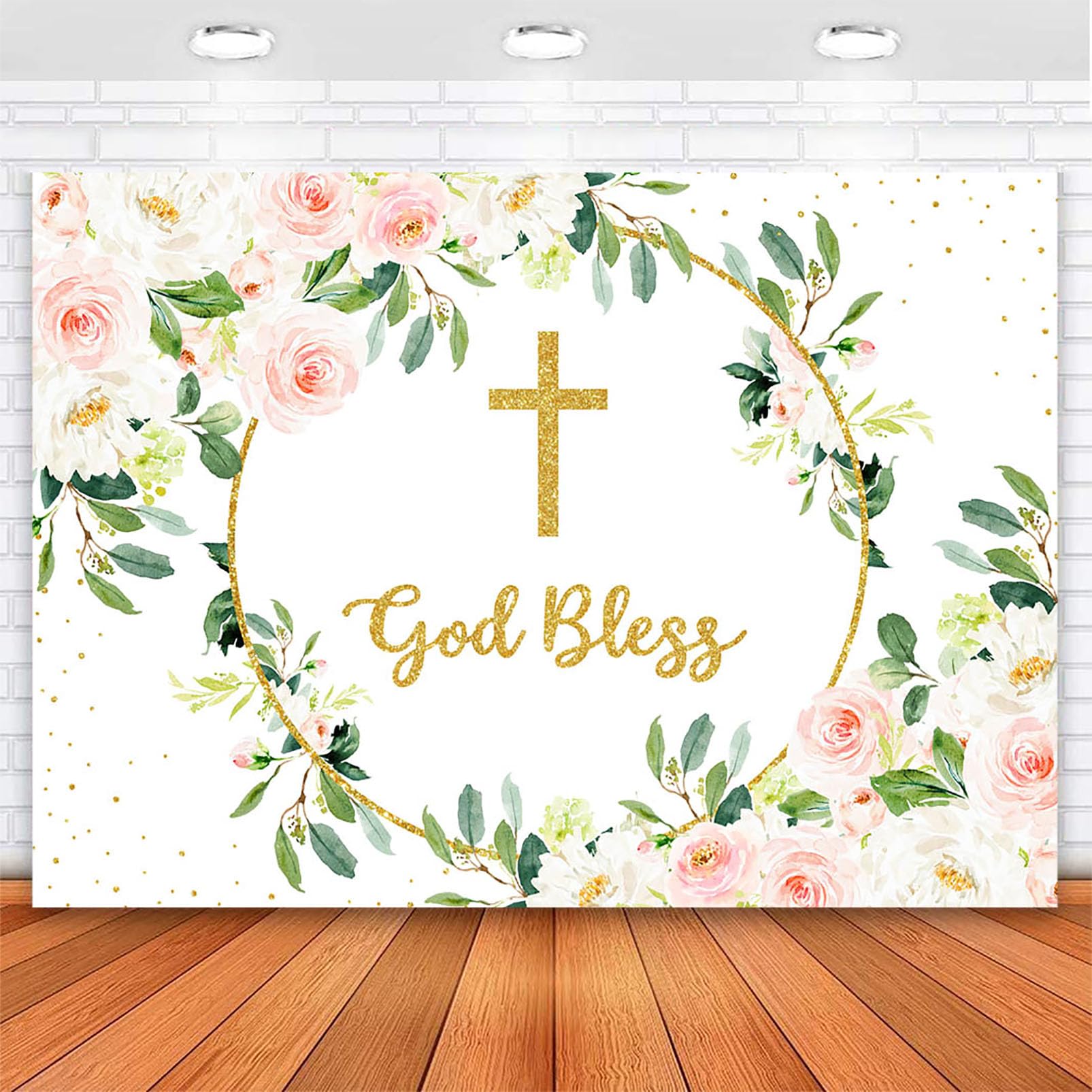 10x8ft Avezano Floral God Bless Backdrop - Pink Flowers Background for First Holy Communion, Baptism, Christening & Baby Shower - Perfect for Photo Studio Props & Church Events