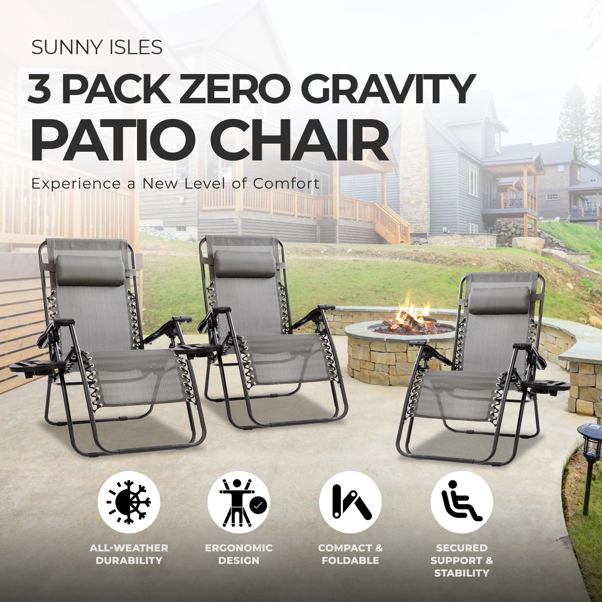 Sunny Isles XL Zero Gravity Outdoor Patio Reclining Chair - Steel Frame Comfortable Lounge Seating Furniture Set (3 Pack, Gray) - Perfect for Backyard, Poolside & Beach Relaxation