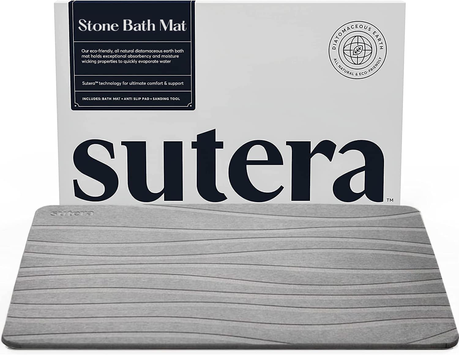 SUTERA - Non-Slip Stone Bath Mat Set with Waffle Bath Towel & Hand Towel, Soft & Absorbent, Gray - Perfect for Bathroom, Spa, and Luxury Home Decor