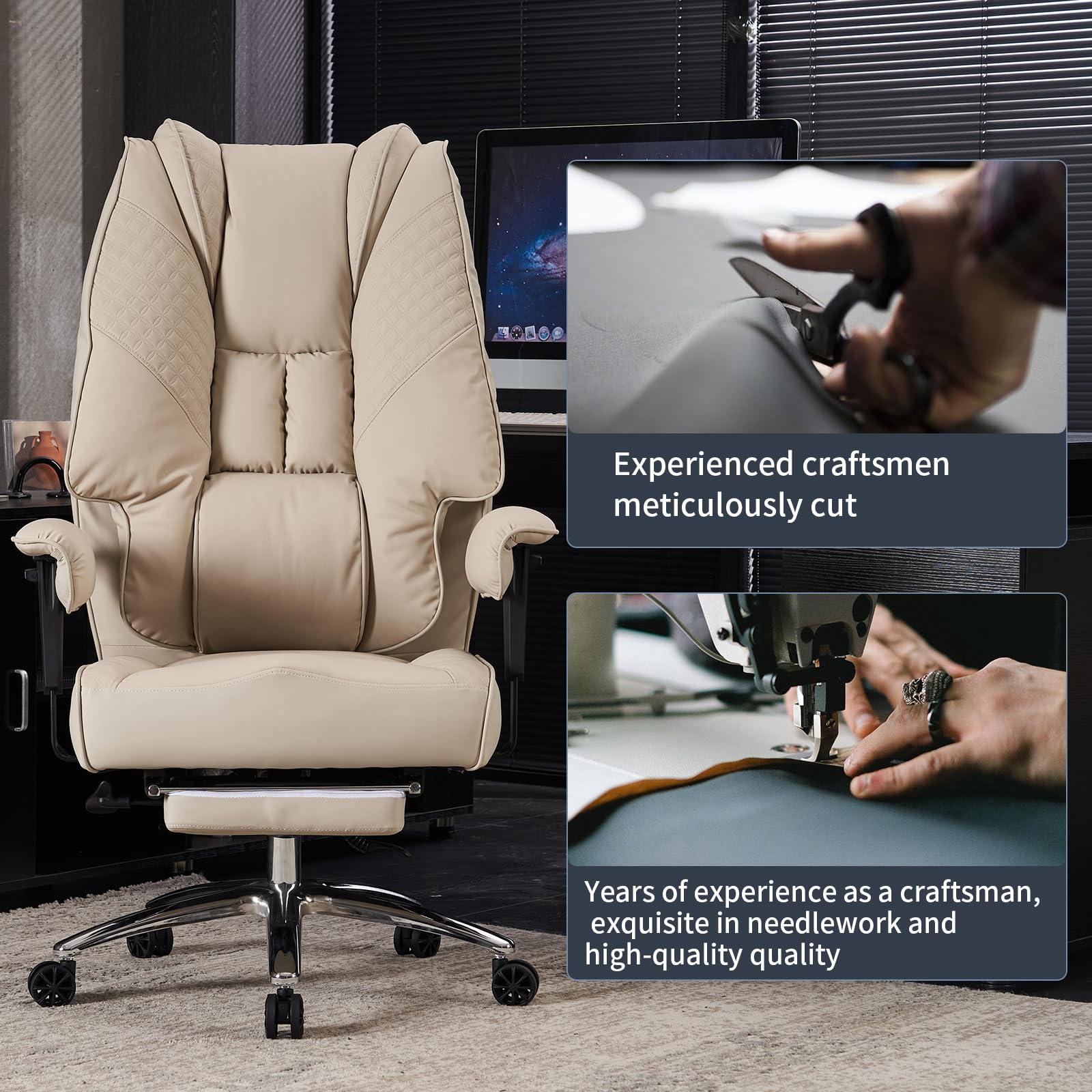 Big and Tall Office Chair 400lbs Capacity - Wide Seat Leather Executive Chair with Adjustable Lumbar Support & Footrest - Ergonomic High Back Computer Chair for Back Pain Relief (Beige) - Perfect for Home Office, Gaming, and Long Work Sessions