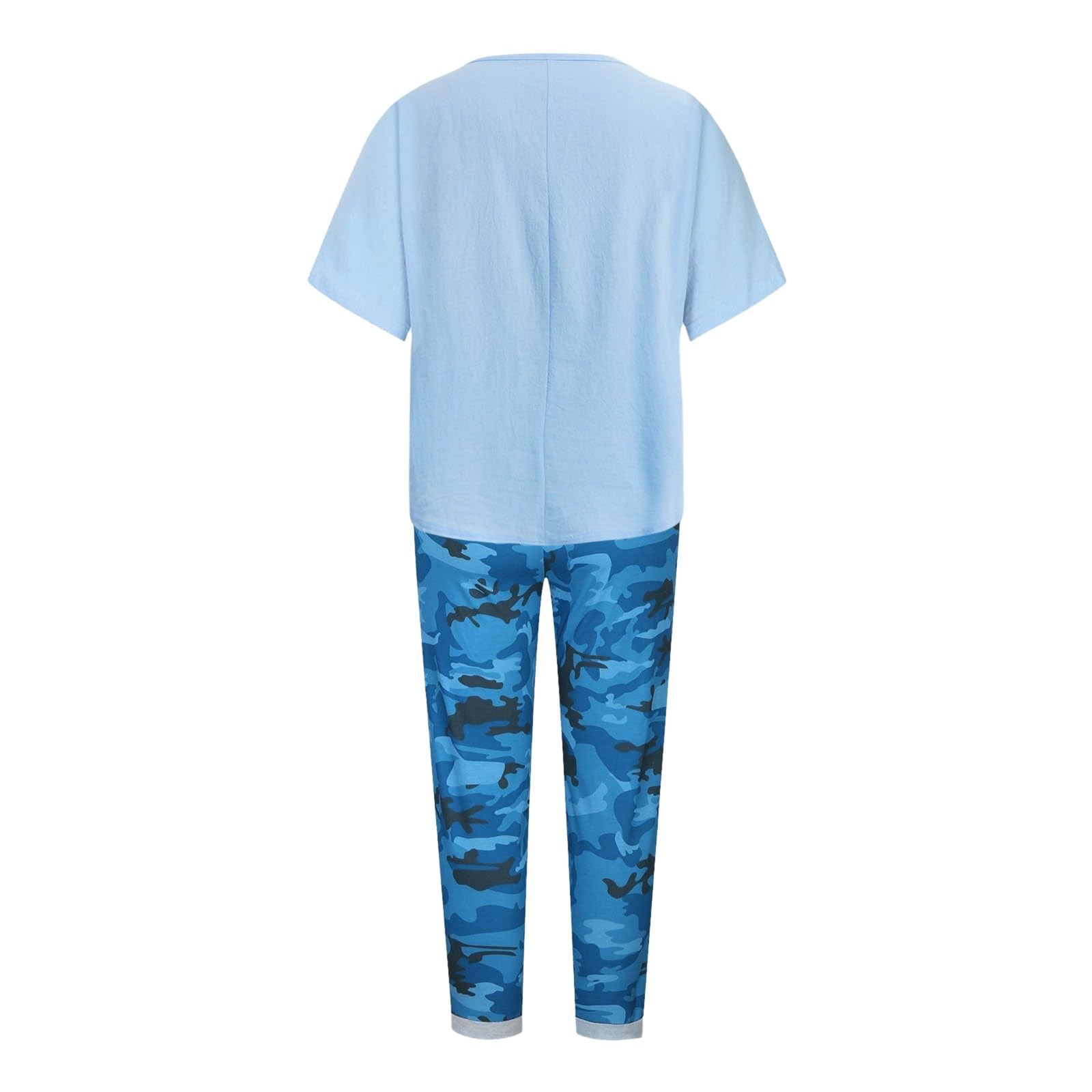 Women's 2-Piece Linen Lounge Set - Dandelion Print Short Sleeve Shirt & Camo Capri Pants | Breathable Summer Outfit for Casual Wear, Home Relaxation & Beach Vacation
