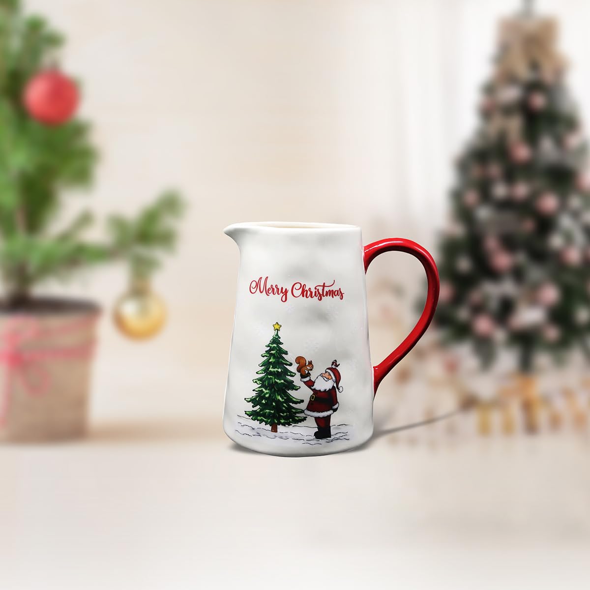 Ceramic Santa Claus Pitcher - Christmas Tree Flower Vase with Handle, Festive Holiday Decorative Jug for Home Decor, Perfect Christmas Gift for Family & Friends - Ideal for Holiday Parties, Table Centerpieces & Seasonal Decorations