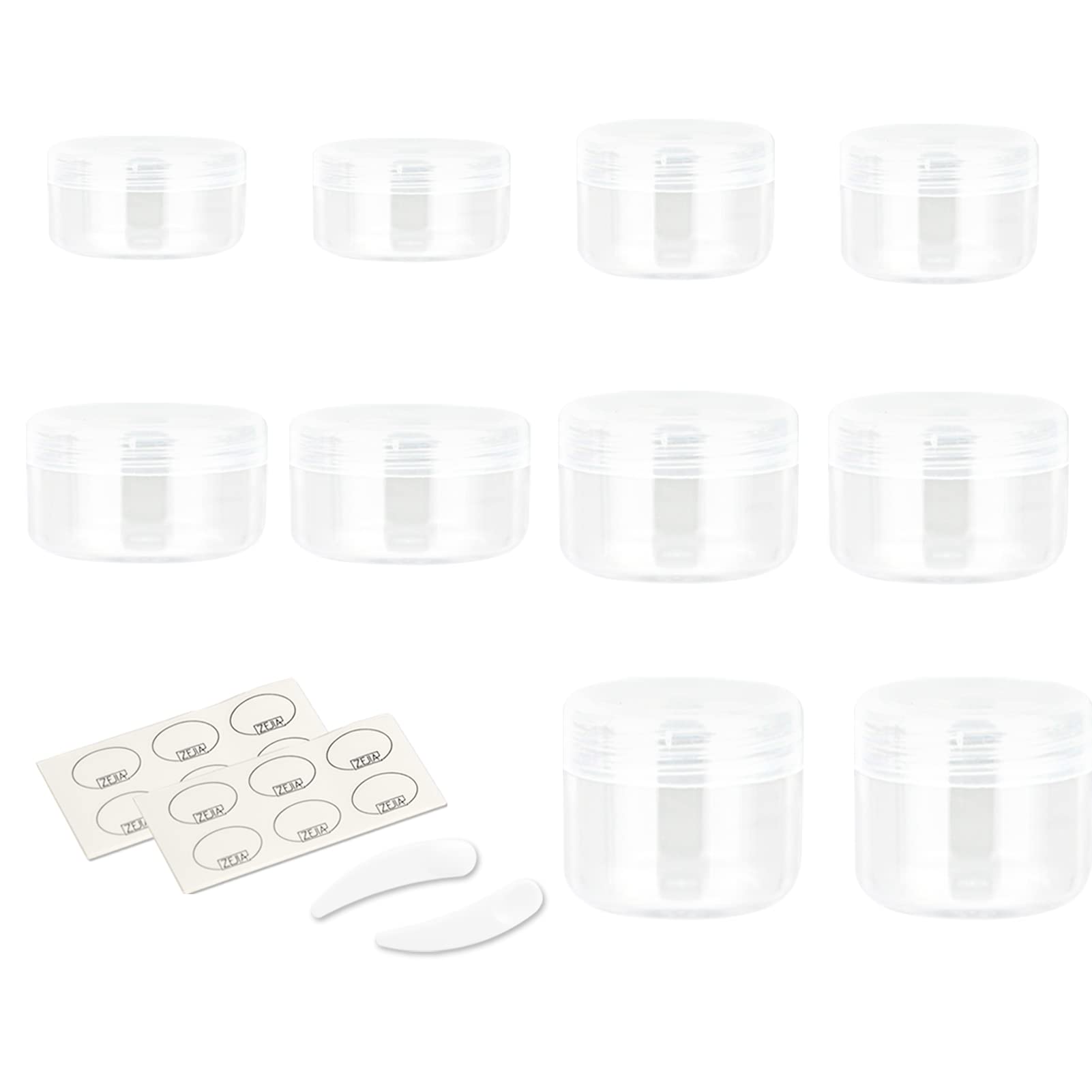 ZEJIA 10pcs Small Travel Containers - Clear Plastic Sample Jars with Screw Lids (3/5/10/15/20g) | BPA Free Makeup & Cosmetic Containers with 12 Labels & 2 Mini Spatulas | Perfect for Travel, DIY Beauty, Skincare Samples & Essential Oils Storage