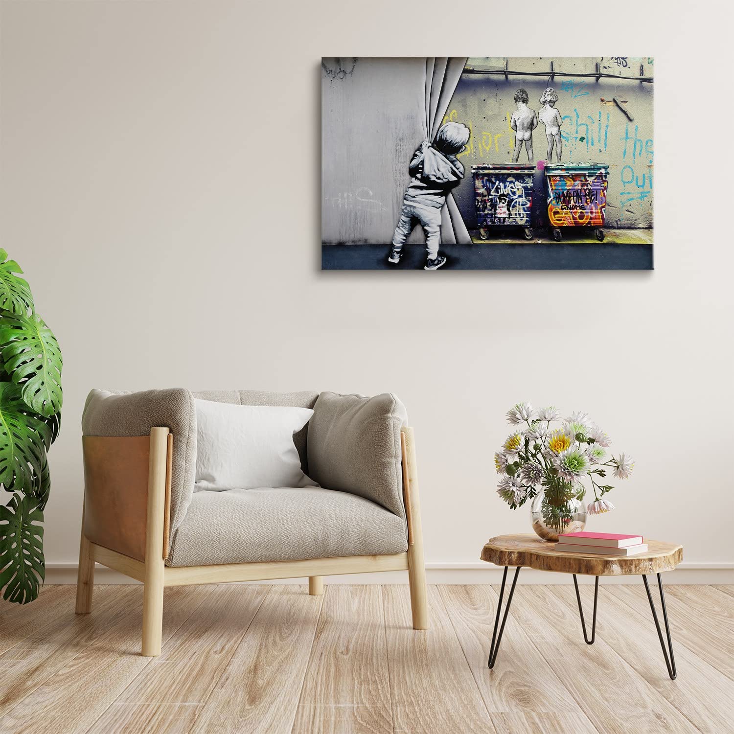 Funny Graffiti Wall Art - Modern Pop Art Canvas Print of Kid Opening Curtain | Street Art Style Home Decor for Kids Room, Living Room & Nursery | 40x28 Inches Gray Creative Wall Poster