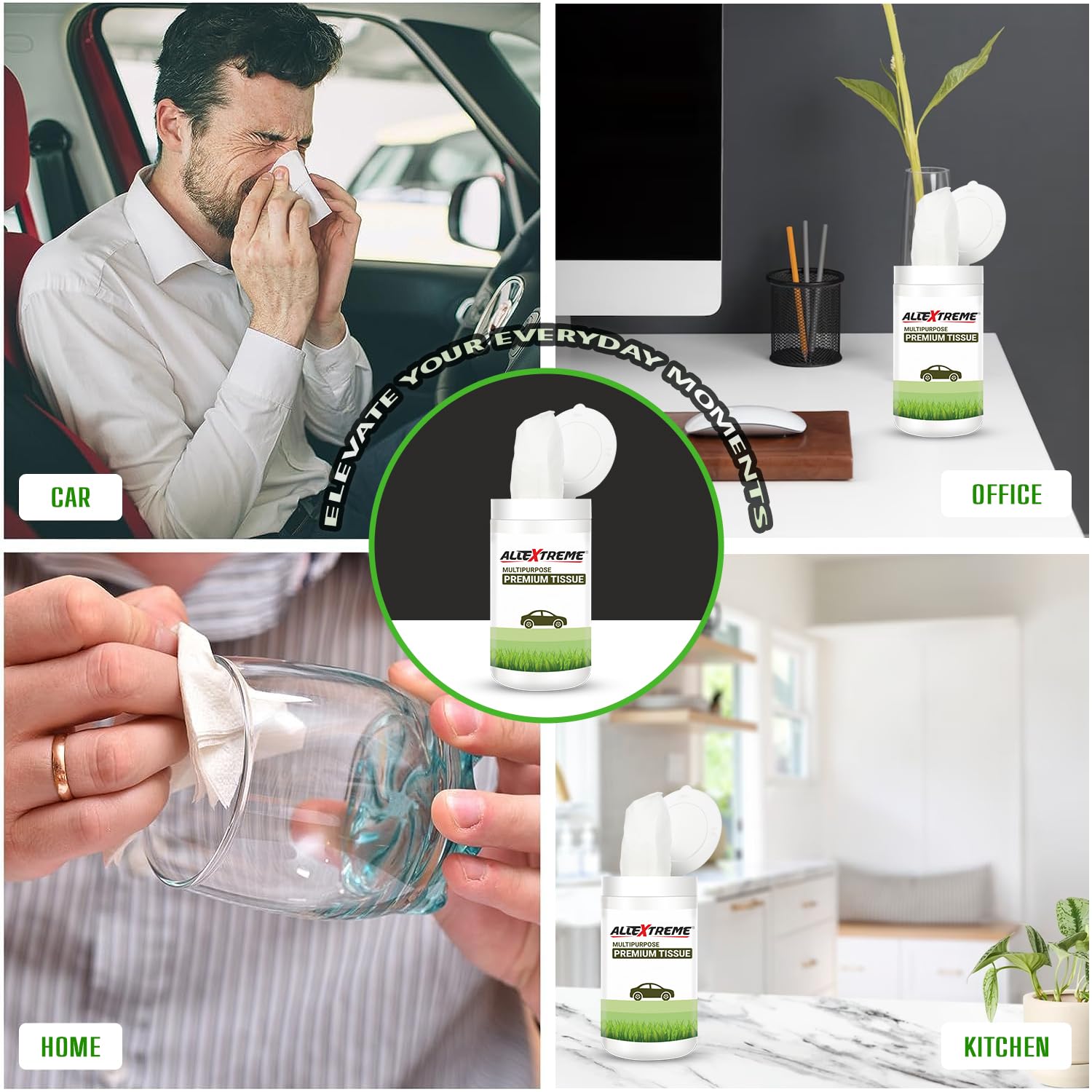 AllExtreme Portable Multi-Purpose Tissues Cup Holder Cylinder Tissue Box Napkin Case - 50 Pulls for Car, Home & Travel (Pack of 5: 1 Canister with Tissues + 4 Refills) | Perfect for Road Trips, Office Desks & Baby Changing Stations