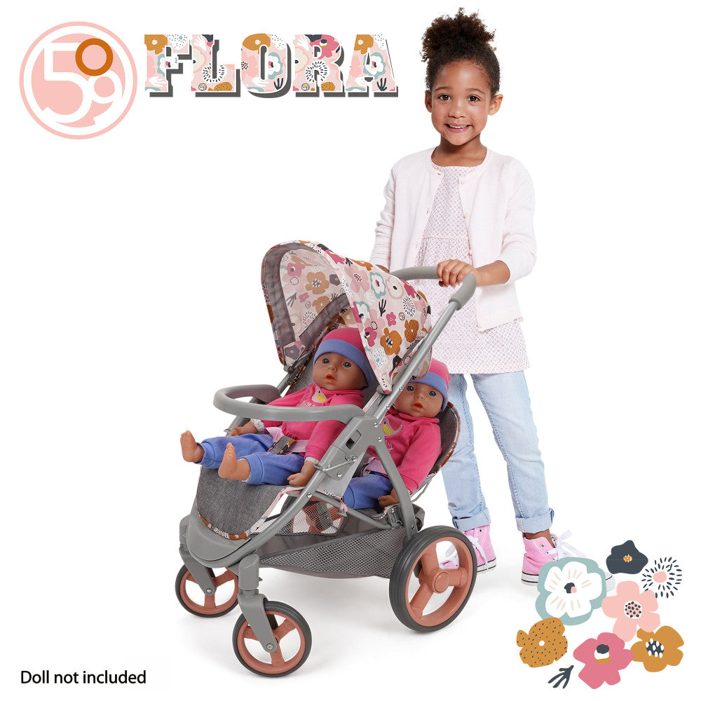 509 Crew Mabelle Duo Twin Doll Stroller - Melange Flora Print, Double Baby Doll Stroller for Ages 3+ | Perfect for Pretend Play, Outdoor Walks & Sibling Bonding