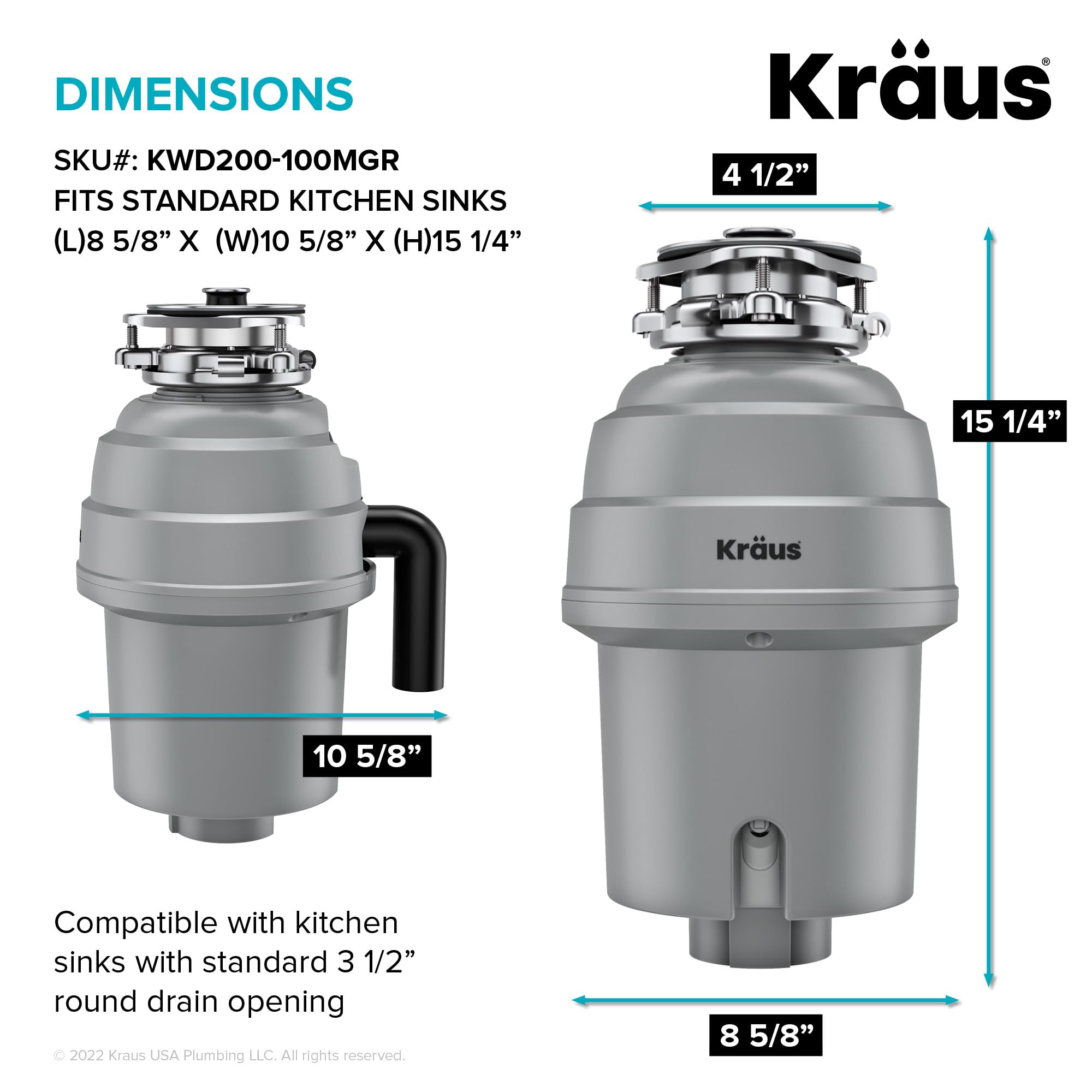 KRAUS WasteGuard 1 HP High-Speed Continuous Feed Garbage Disposal - Ultra-Quiet Motor, Includes Power Cord & Universal Mount (KWD200-100MGR) - Perfect for Kitchen Sink Waste Disposal & Food Scrap Recycling