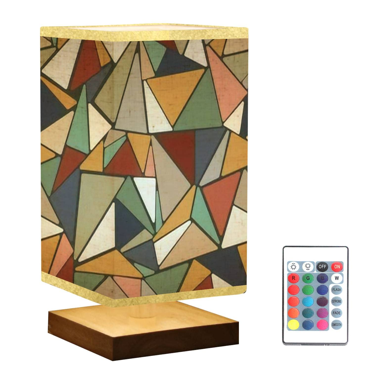 Abstract Pattern Square Bedside Table Lamp - Dimmable Nightstand Lamp with Wooden Base & Flaxen Fabric Shade, Creative Color Doodle Sketch Design for Bedroom, Living Room, Office - Perfect for Reading, Relaxing & Decor